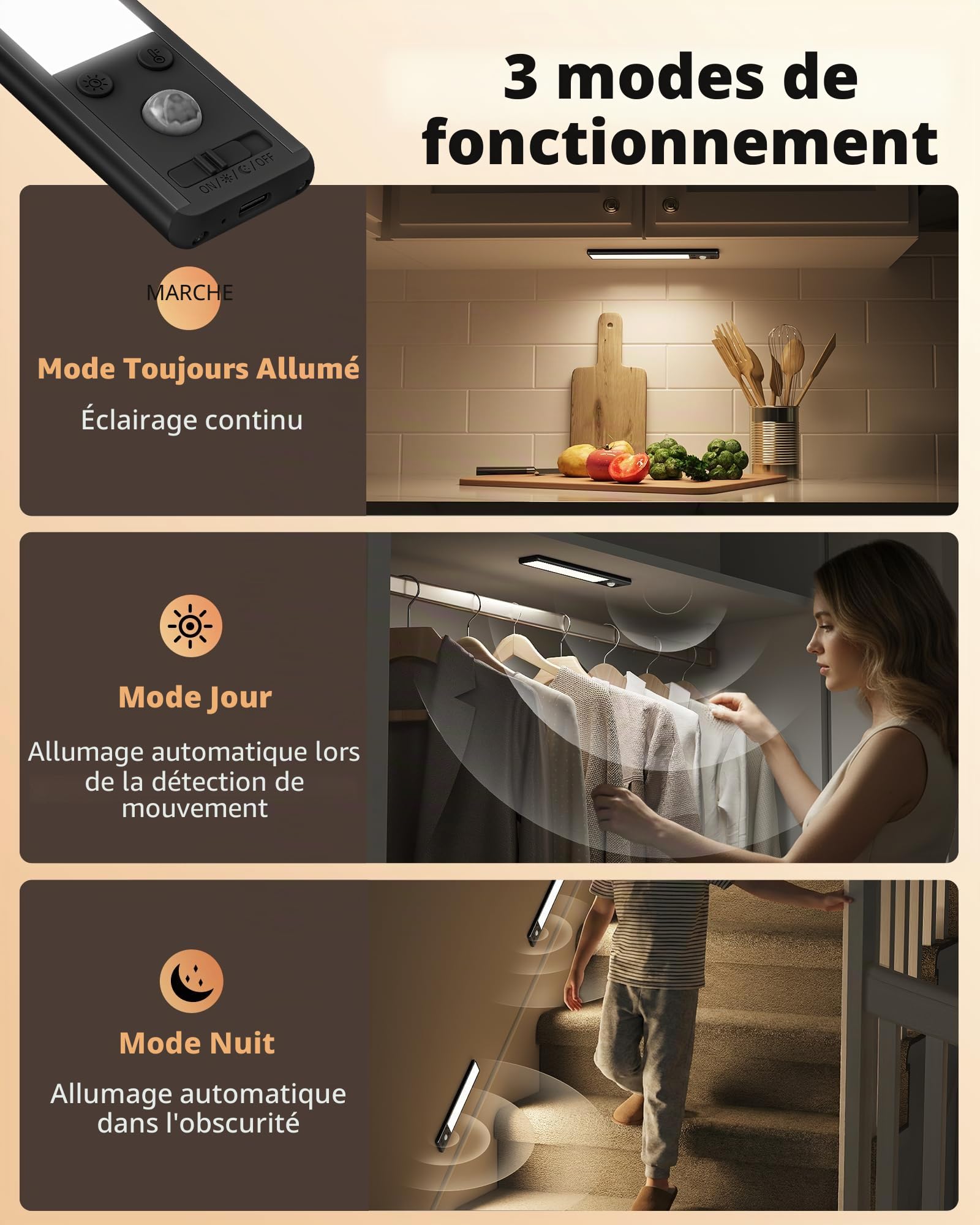 EZVALO Lampe sous-meuble 20 cm, 62 LED Rechargeable USB-C avec Détecteur de Mouvement, Lampe de Placard 1600 mAh 3 Températures de Couleur, Éclairage Intérieur Sans Fil, Noir (Lot de 2)