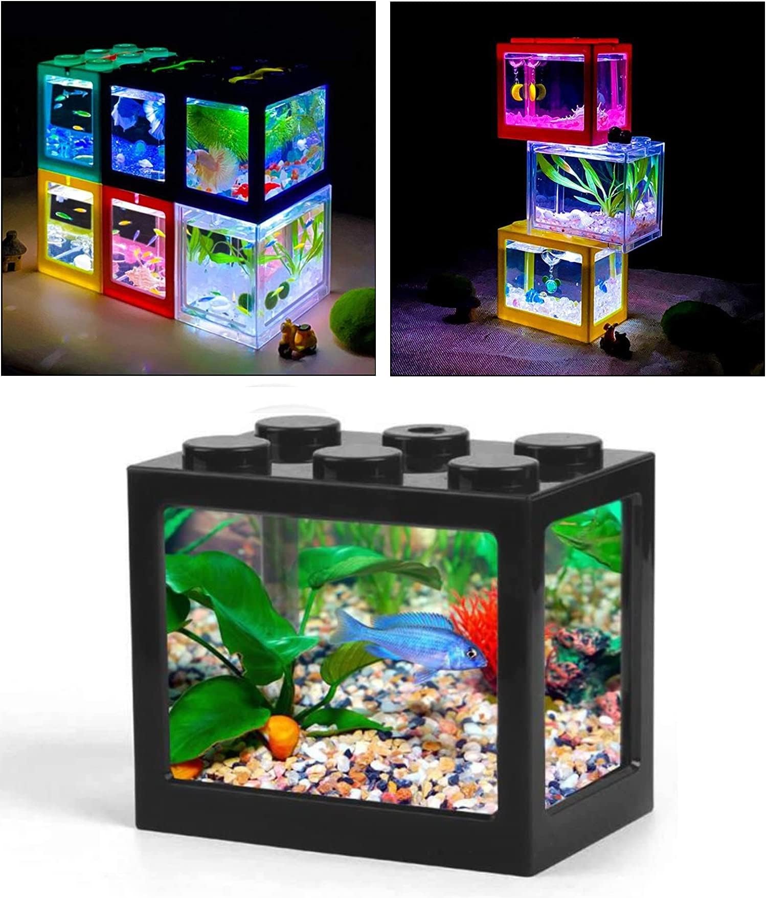 Vsell24 Mini USB Fish Tank Aquarium Tank with LED Lighting Stackable Beta Fish Tank Set Fish Bowl Accessories for Turtle Reptile Shrimp Moss Crab Decoration 16X10.5X14Cm (Black)