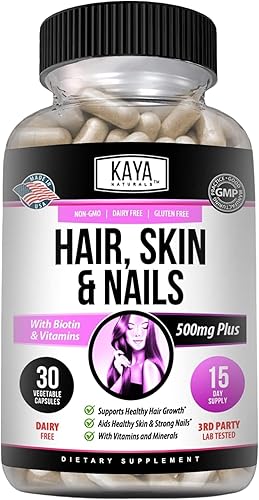Kaya Naturals Cápsulas de uñas para el cabello y la piel con biotina, vitaminas para el cabello y la piel, vitamina D, vitamina B-12 A, soporte de
