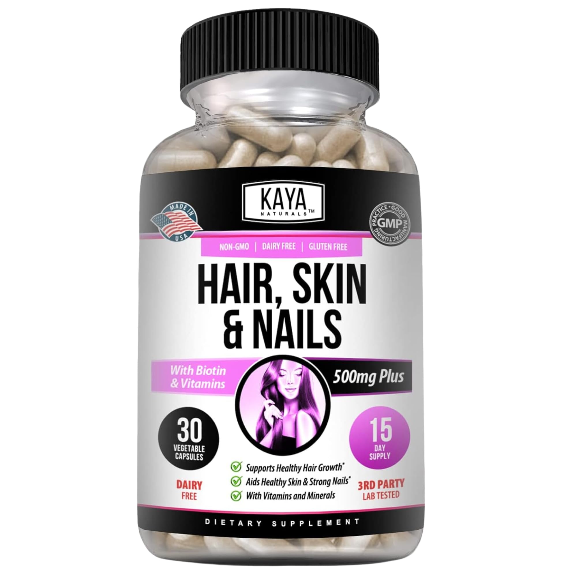 Kaya Naturals Hair Skin Nail Capsules with Biotin - Hair and Skin Vitamins Vitamin D Vitamin B-12 A
