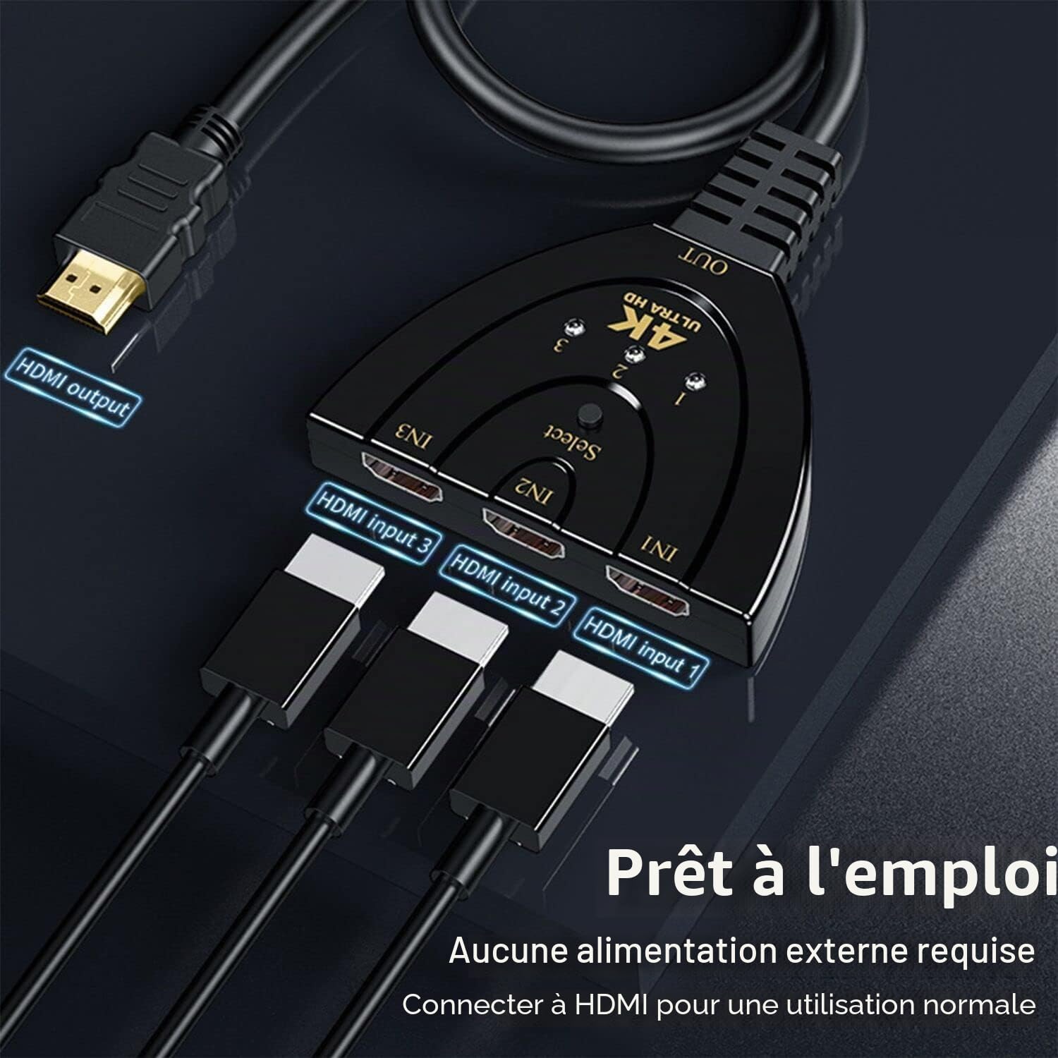 HDMI Switch 3 en 1 sortie, 4K à 30Hz HDMI Splitter, 3 ports HDMI Hub prend en charge Full HD 4K 1080P 3D Player Compatible avec Roku Fire TV Stick HDTV PS4/PS5 Xbox One Chromecast, compatible avec Mac