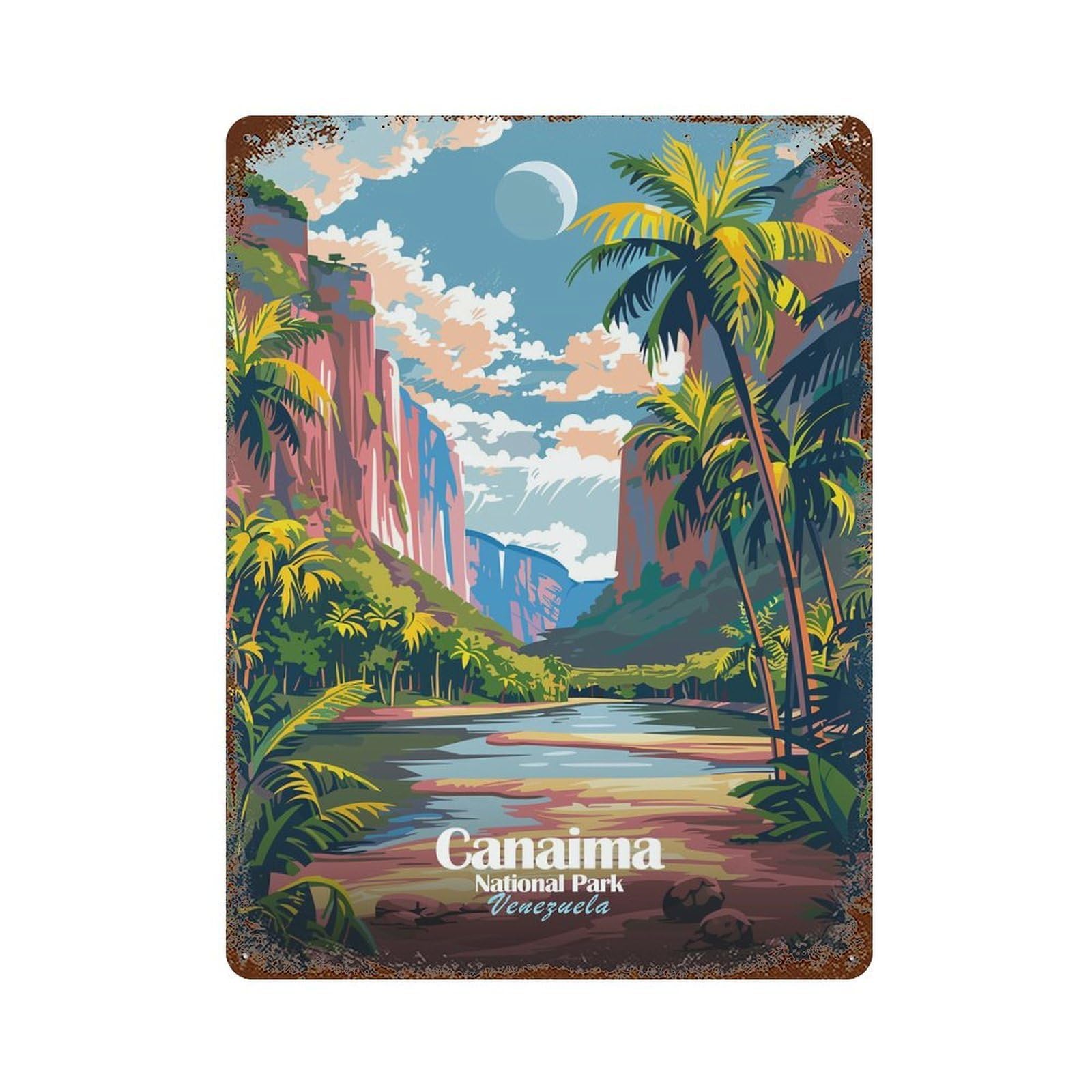 Aged Metal Wall Plaque with Canaima National Park, Venezuela Illustration Design 15.7"x11.8", for Basement, Hobby Room And Garage Decor, Classic Wall Plaque