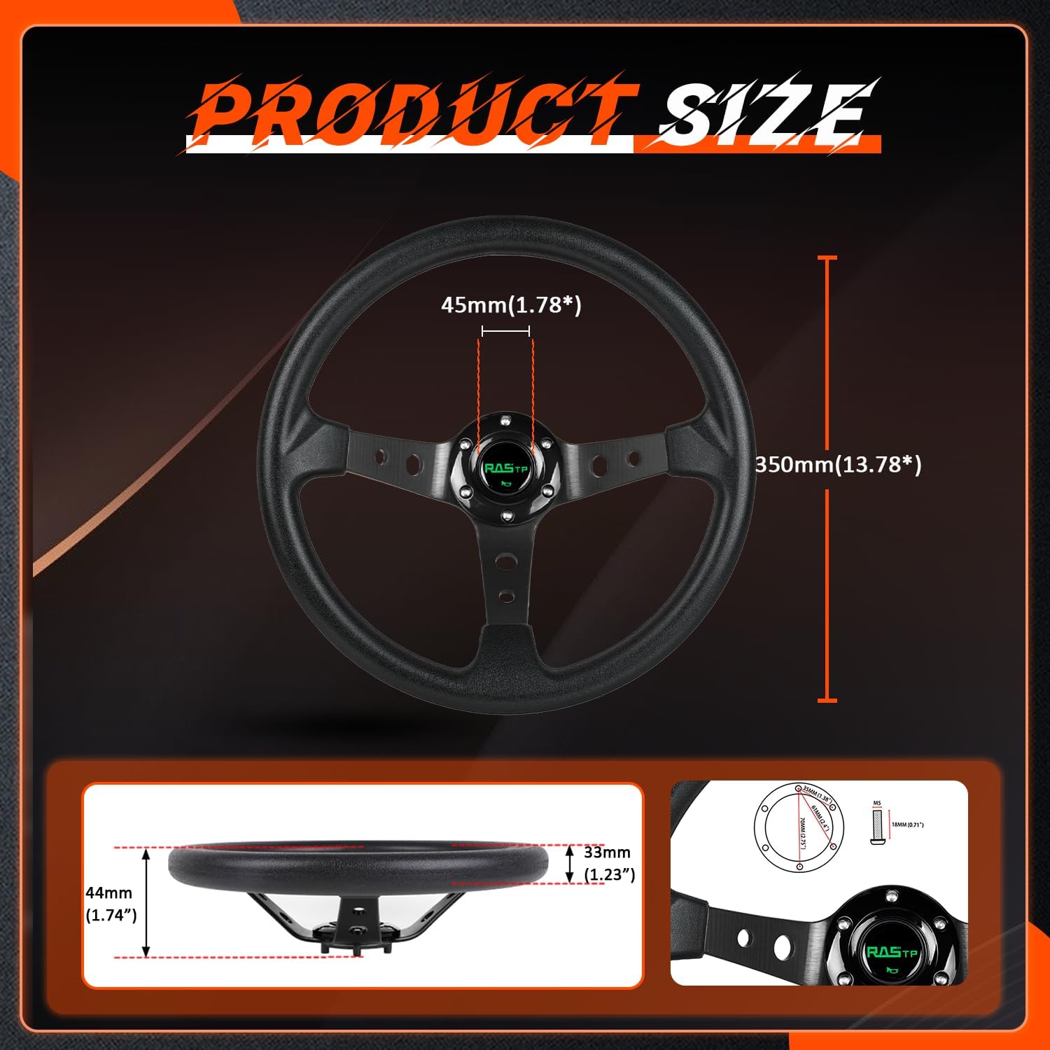 RASTP Universal Racing Steering Wheel,Drifting Deep Dish Steering Wheel 13.8”/350mm 6 Bolts Grip Vinyl Leather & Aluminum with Horn Button for Car -Black