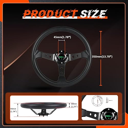 Vista 19 de RASTP Volante universal de carreras, volante de 13.8 pulgadas, 6 pernos de agarre de vinilo de cuero y aluminio con botón de bocina para automóvil