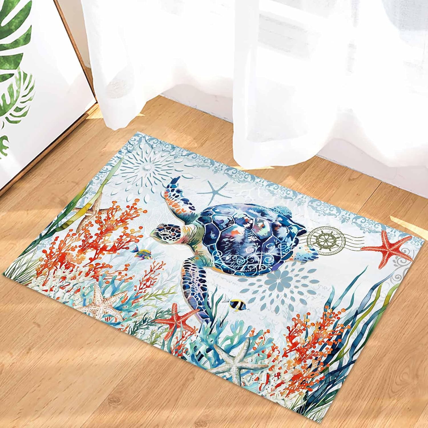 Retro Sea Turtle Front Door Mat Indoor Entrance, Starfish Coral Seaweed Non Slip Doormat Summer Coastal Absorbent Resist Dirt Floor Mats Washable Low Profile Inside Rugs for Entryway, 18''x30''