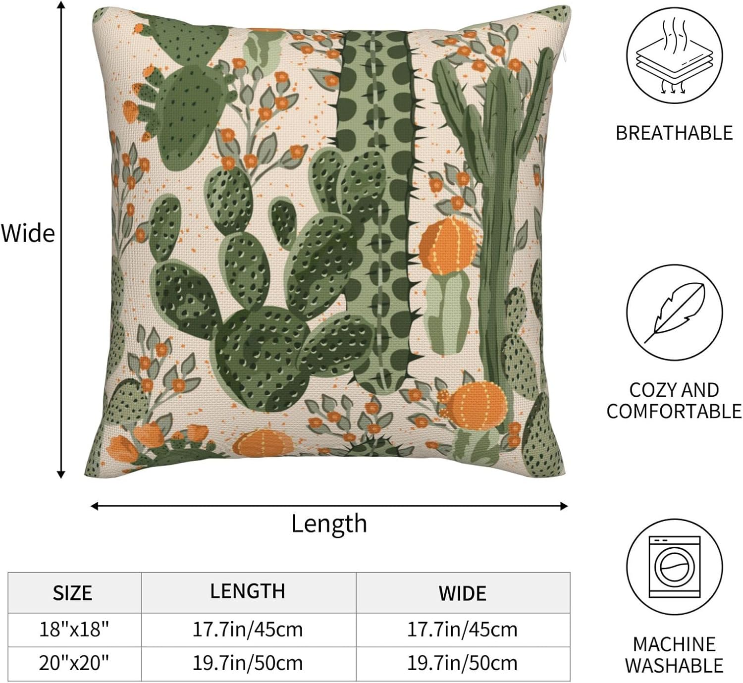 Summer Cactus Throw Pillow Covers Retro Mexican Orange Flowers Square Pillow Cover 18x18 Inch Set of 2 Exotic Tropical Plants Decorative Pillowcase Cushion Cases for Couch Sofa - Image 4