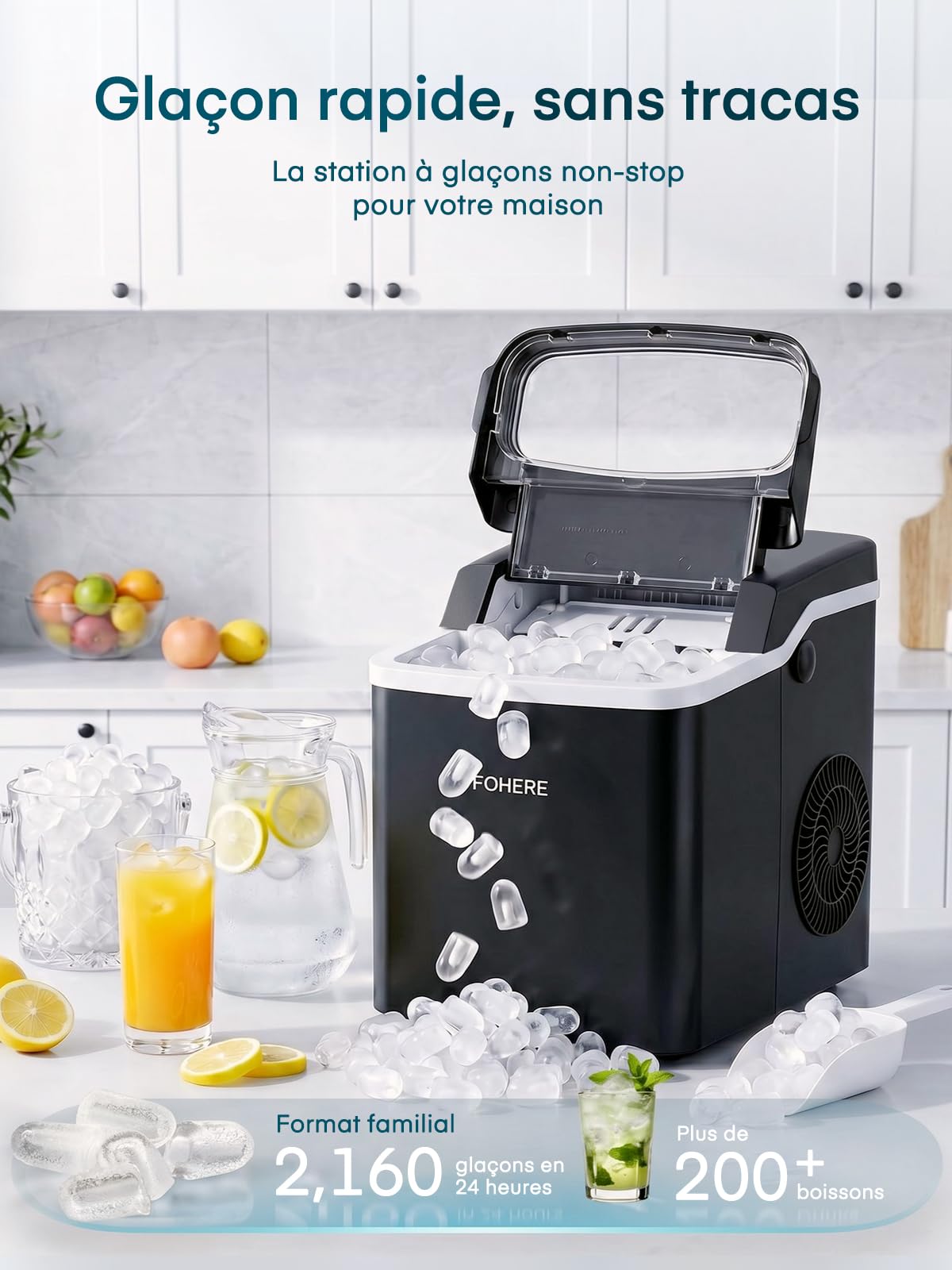 FOHERE Machine à Glaçons de Comptoir, 9 Glaçons en 5 Min, Capacité 14KG/24H, Machine a Glacons Compacte avec Fonction d’Auto-Nettoyage, 2 Tailles de Glaçons pour Maison, Cuisine, Camping, Bureau