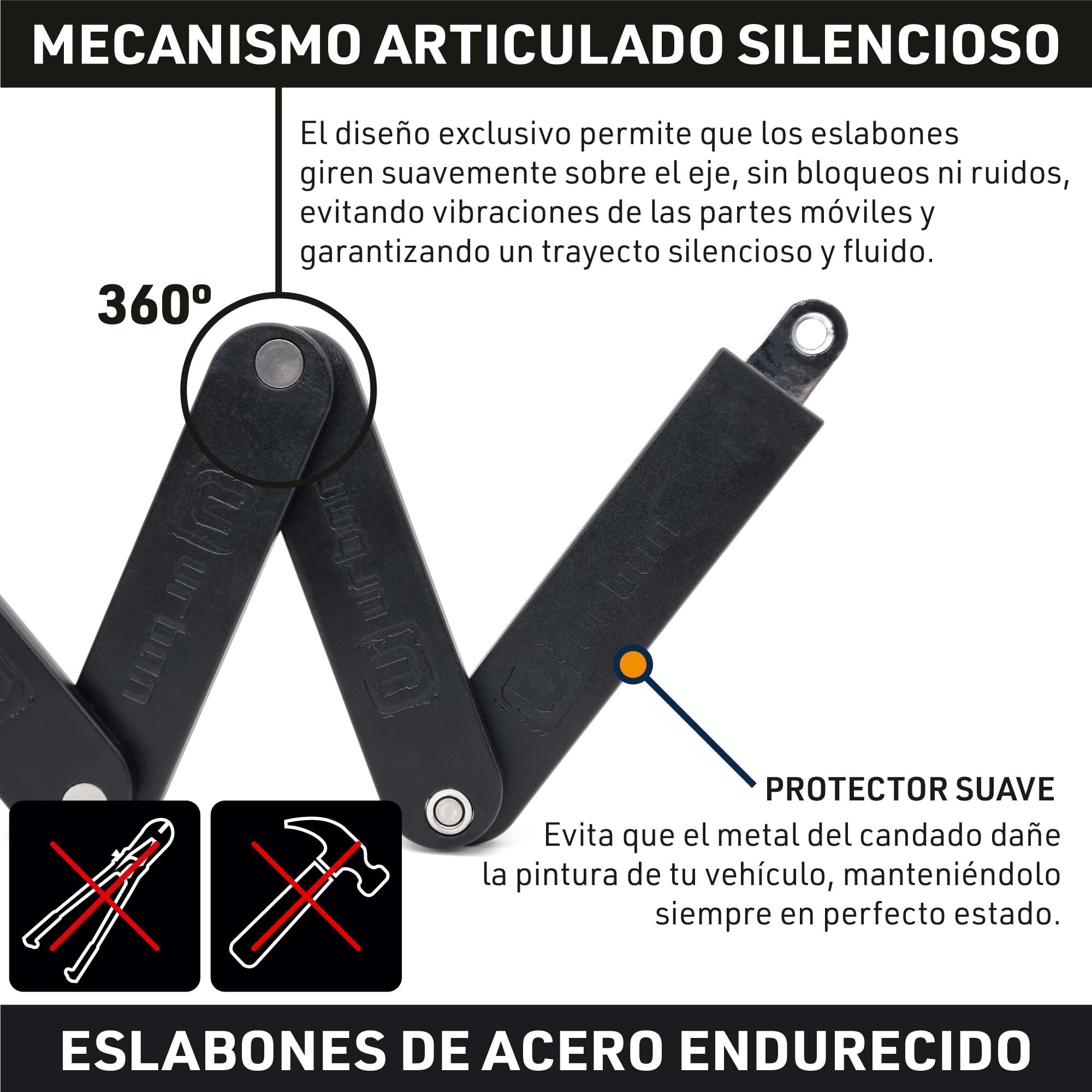 URBAN UR476B Innovador Candado Bicicleta Sin y Con Alarma 120dB Hi-Tech, Candado Bicicleta Plegable 2en1 Seguro, Soporte Más Funcional y Llevar Sin Ruidos, Antirrobo Bici Patinete Eléctrico 90cm