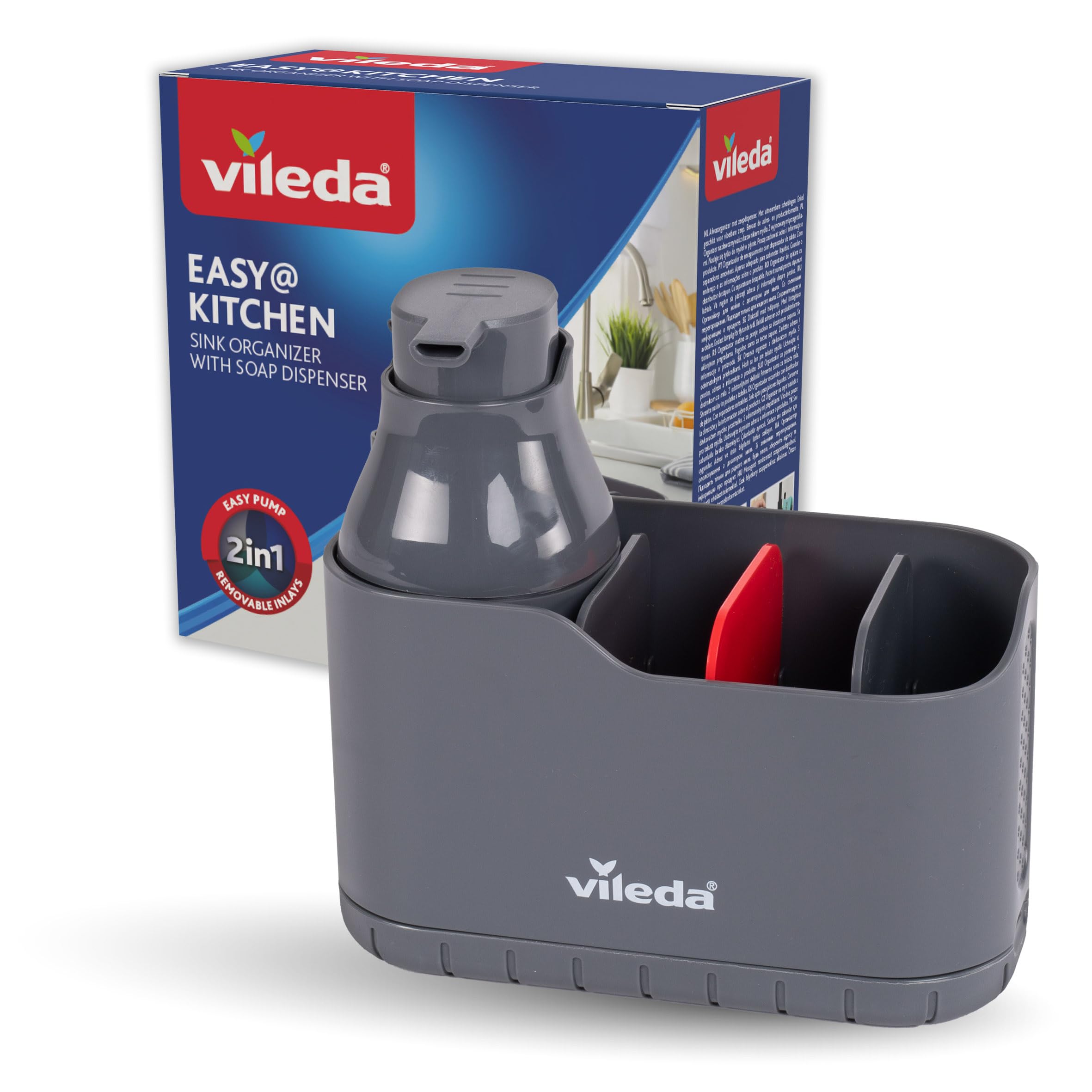 Vileda Sink Organiser with Washing Up Liquid Dispenser Plastic - Free-Standing Sponge Holder Kitchen - Sink Organiser with Soap Dispenser for Sponges & Brushes - Durable & Rustproof