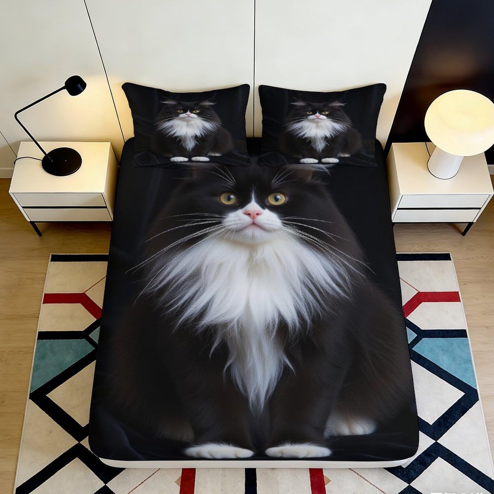 3D Printed Black Cat Fitted Sheet Microfiber Soft Anti-Slip Realistic Cat Face Mattress Cover for Bedroom Dorm Decor 90x200x25cm