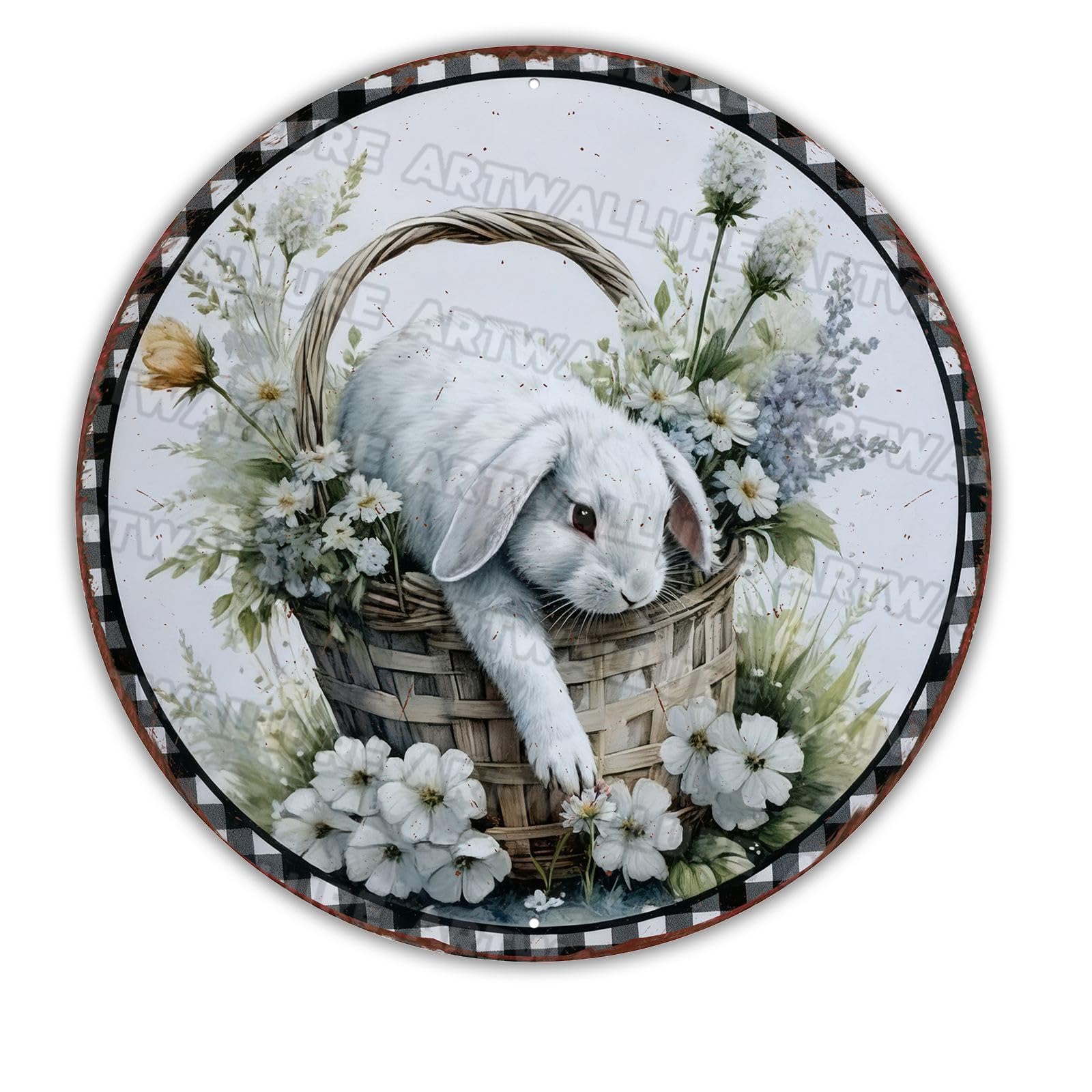 Round Easter Bunny Wreath Metal Sign Rustic Farmhouse Design Spring Wall Art For Front Door Home Entryway Seasonal Decor 12x12Inch