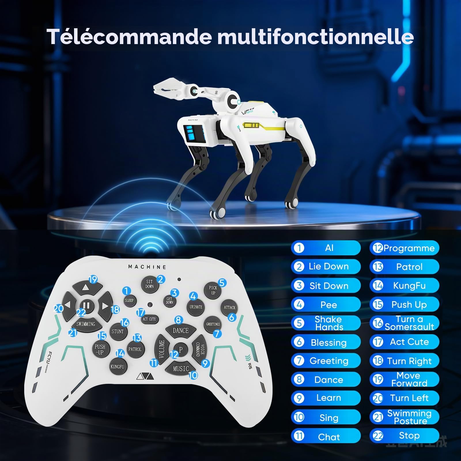 Robot Chien Jouet télécommandé,Chien Robot avec Pince à Manches Longues,Chien Robot Musical Parlant et interactif, programmable et Dansant, Cadeaux pour garçons Filles 3+ Ans