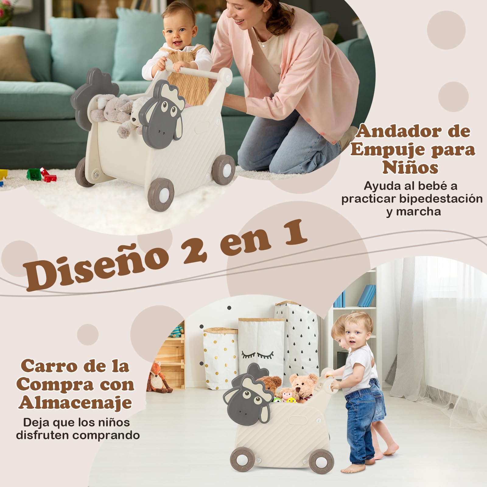 COSTWAY Andador para Bebés en Forma de Oveja, Carrito de Almacenamiento de 18L para Niños, Andador Infantil de 4 Ruedas para Desarrollo de Habilidades Motoras,Carrito de Empuje para Niños de 3+ Años