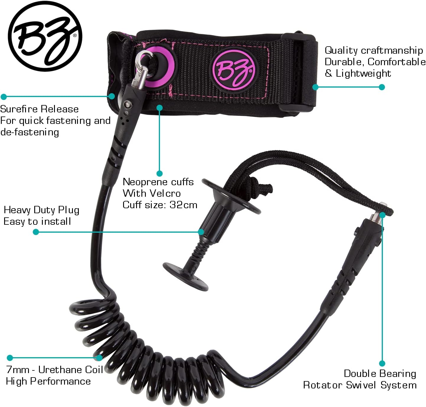BZ Wrist Bodyboard Leash - Pink