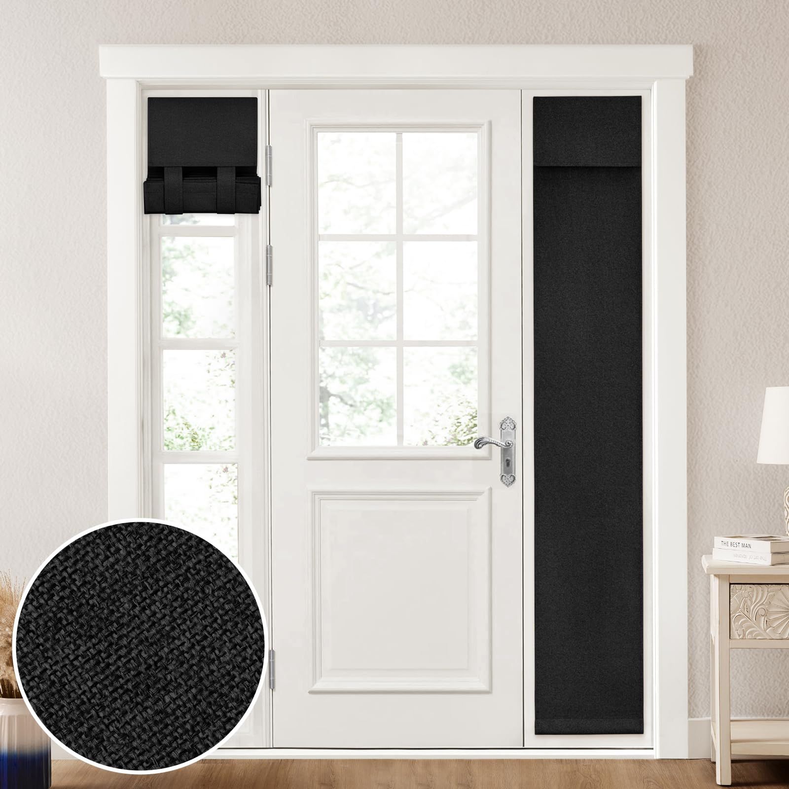 HOMEIDEAS 100% Linen Blackout Sidelight Curtains for Front Door, Side Door Window Curtains,Small Window, Thermal Insulated Covering, 1 Panel, W12 X L68 Inch, Black
