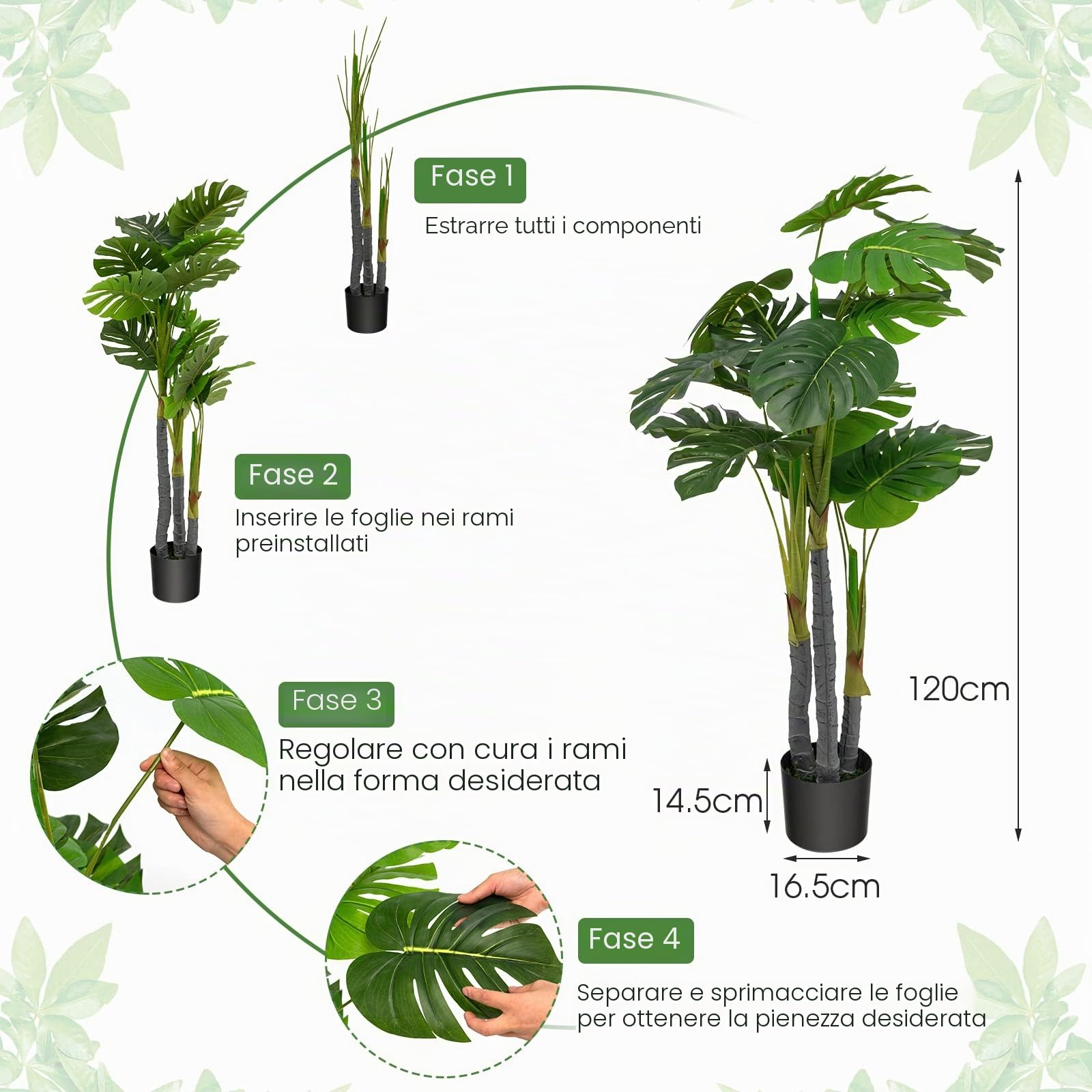 GIANTEX Monstera artificiale da 120 cm, in vaso di cemento
