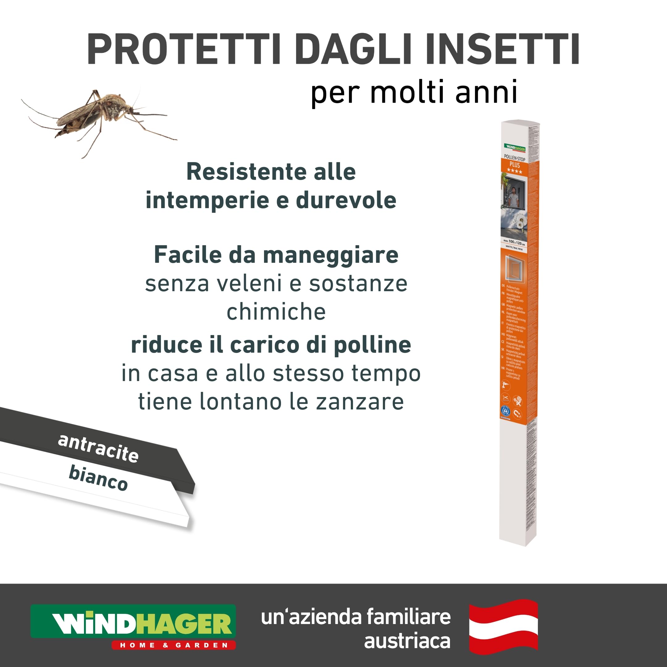 Windhager Zanzariera Magnetica con Protezione Contro i pollini, per finestre, Telaio con Tessuto antipolline, zanzariera Magnetica, 100 x 120 cm, Antracite