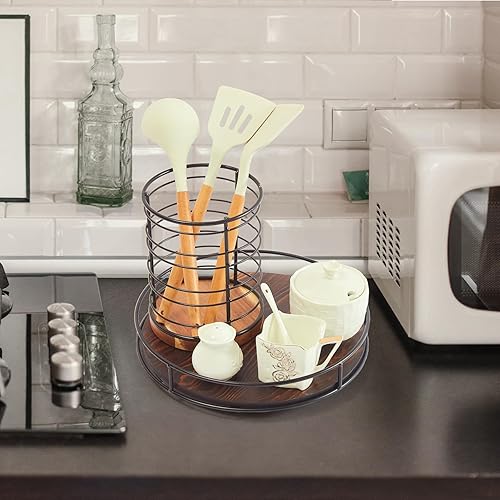 Miniatura 5 de Plato giratorio Lazy Susan de madera de 12 pulgadas para mesa, organizador de mesa giratoria marrón rústico con marco de acero, 360 grados