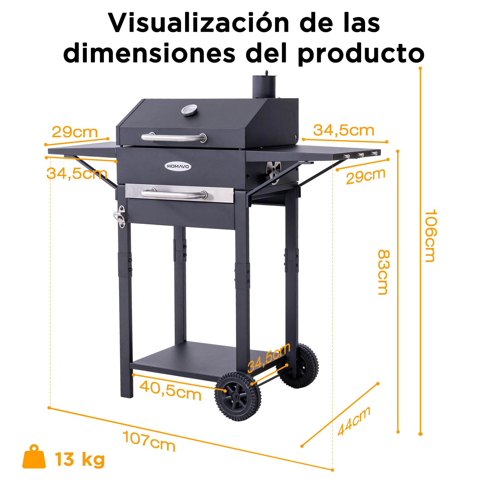 HOMAVO Barbacoa de Carbón, Parrilla con Tapa de Acero de 45×32 cm, Bandeja Ajustable en Altura, Mesa Lateral, Termómetro — view 8