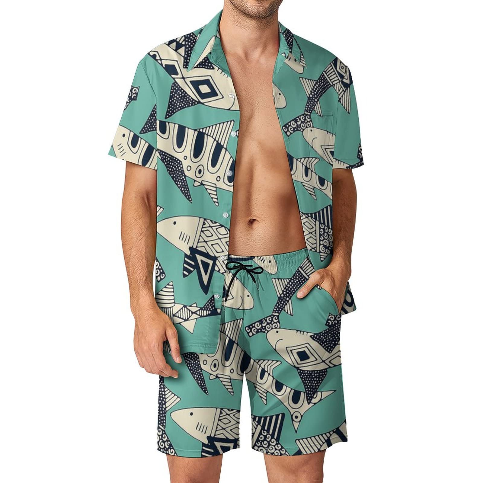 Amazon.co.jp: Tシャツセット 魚柄 鮫 アロハシャツ セットアップ 