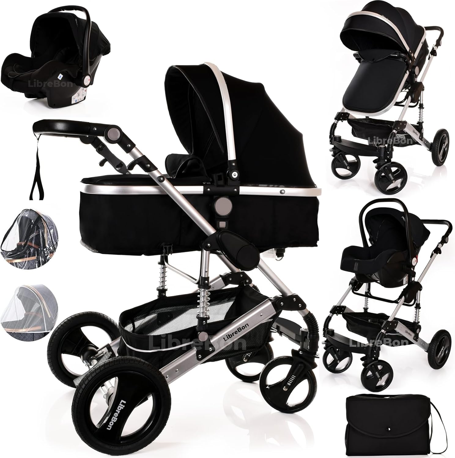 Baby Pram Pushchair Buggy with Car Seat Lightweight Stroller Folding Strollers 3 in1 Travel