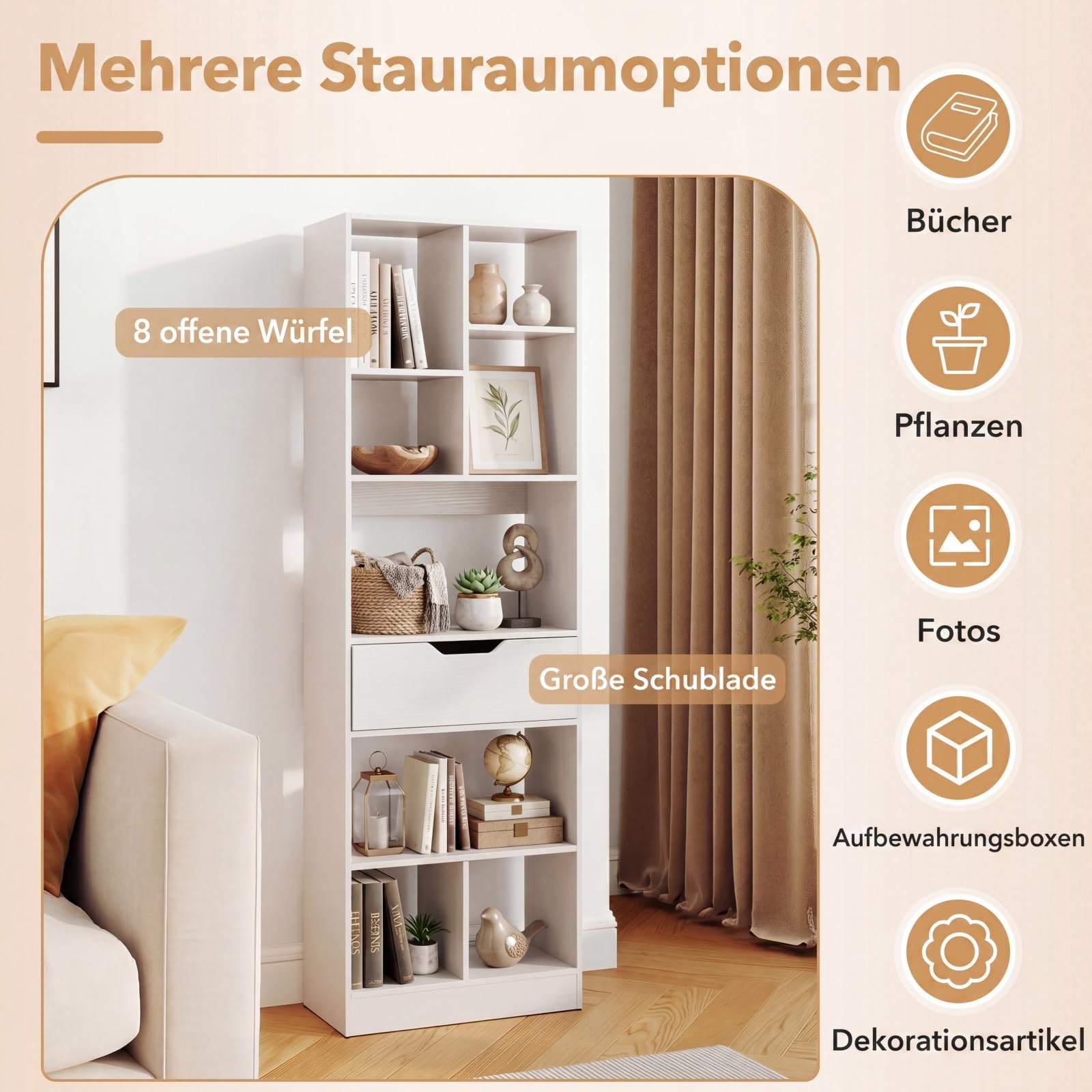 COSTWAY Bücherregal mit 7/8 Fächern & Schublade (50 x 24 x 155 cm,Weiß)