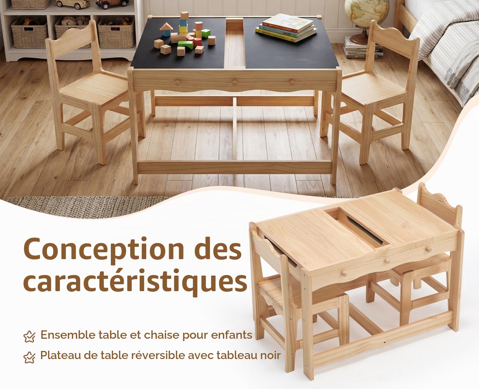 chairus 3 en 1 Table Enfants avec 2 Chaises, Réversible à Double Face avec Tableau Noir, Grand Rangement caché, Crochets latéraux, Coins arrondis, Table pour Dessiner Apprendre Bois Naturel