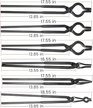 Beginner Blacksmith Tongs Knife Making Tong Set Bladesmith Forge Tong Tools Set Anvil Vise Includes 1/4 Flat Jaw, Pick Up, Scroll, 3/8 1/2 5/8 V-Bit Tongs (6 Piece)