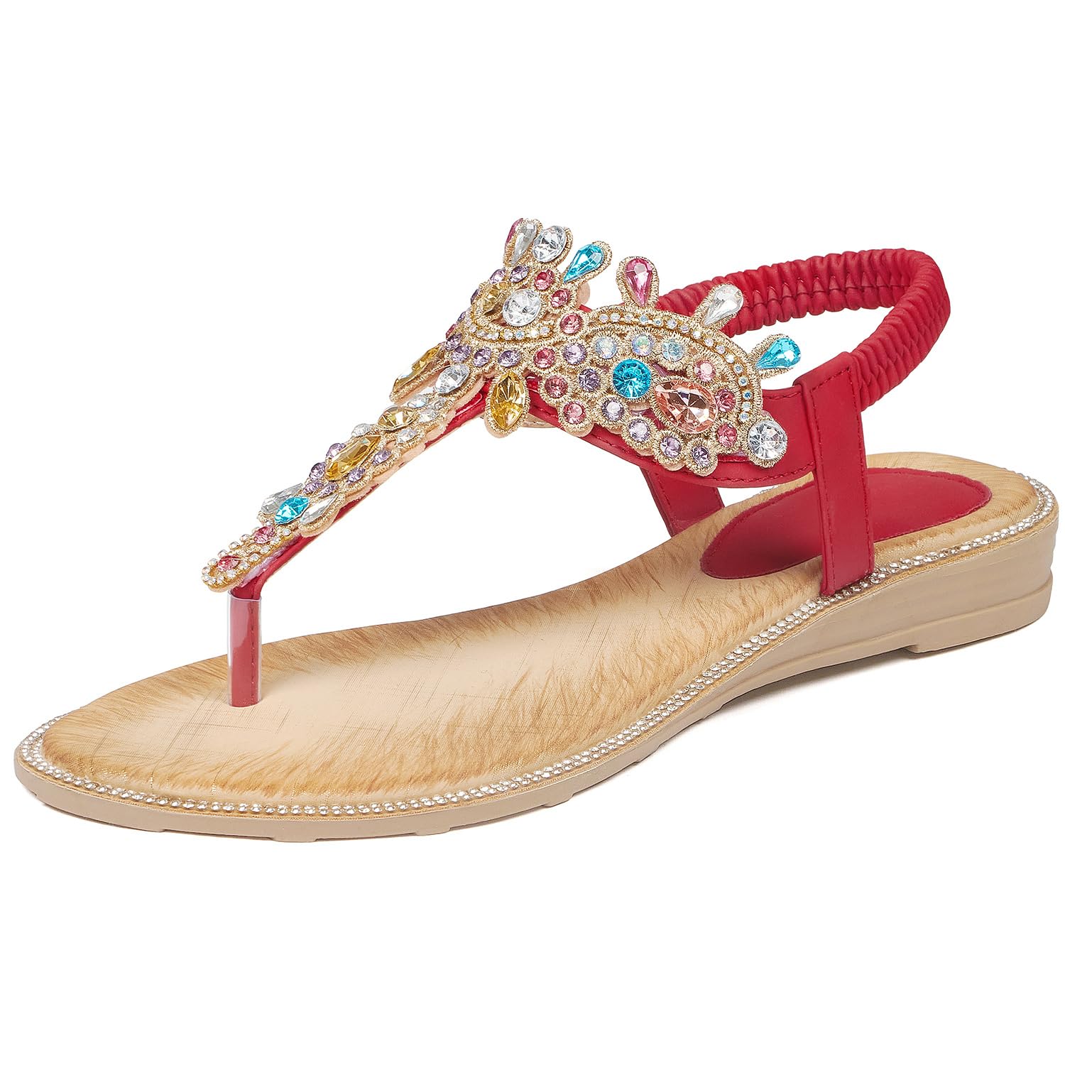 iCKER Women Rhinestone Sandals T-Strap Buckle Bohemian Pearl Crystal Flat Sandals