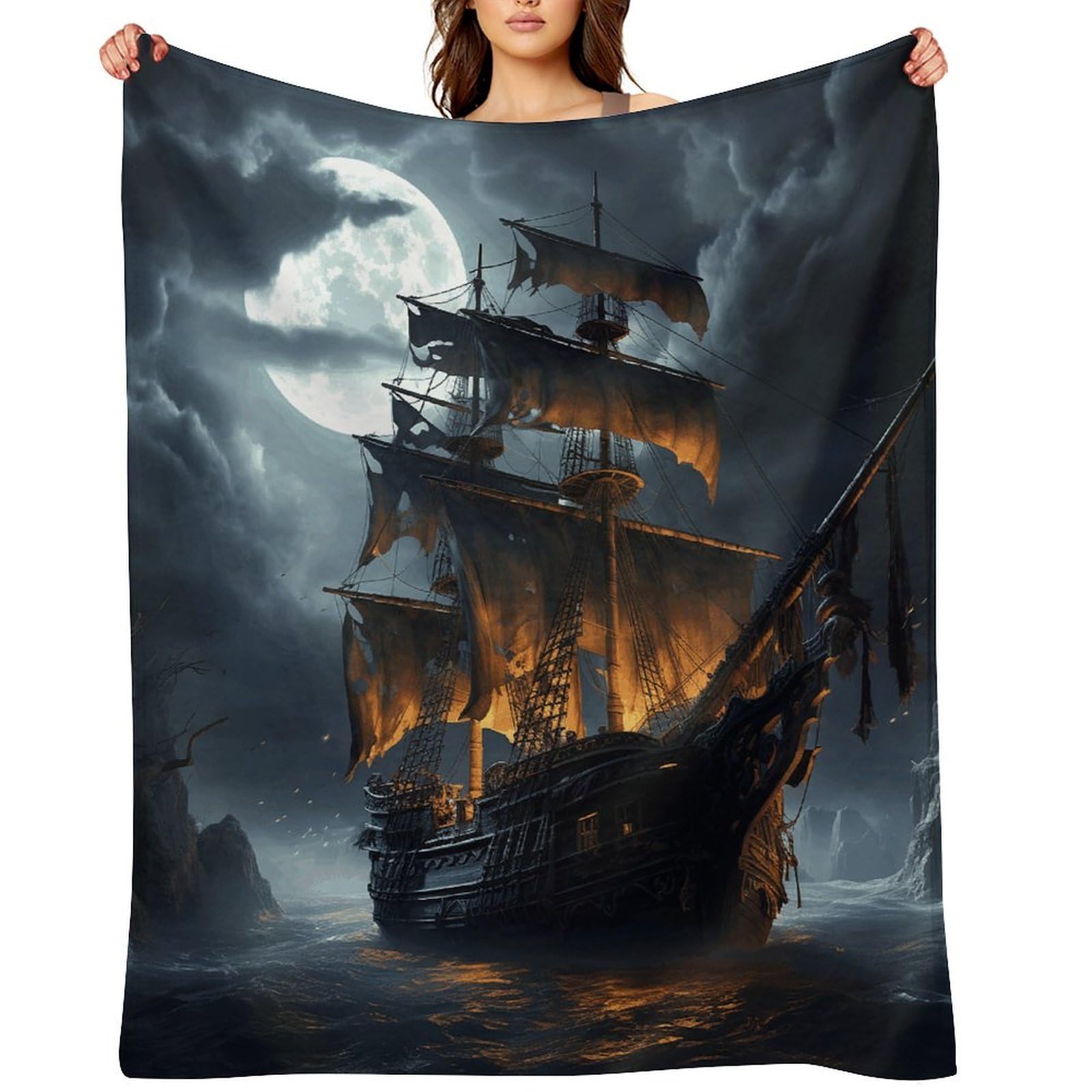 Pirate Sailboat Full Moon Blankets Large Luxury Flannel Throw Blanket Fashion Thick Blanket for Sofa&Bed Blankets Cozy Ultra-Soft Bath Towel for Men&Women 30"x40"