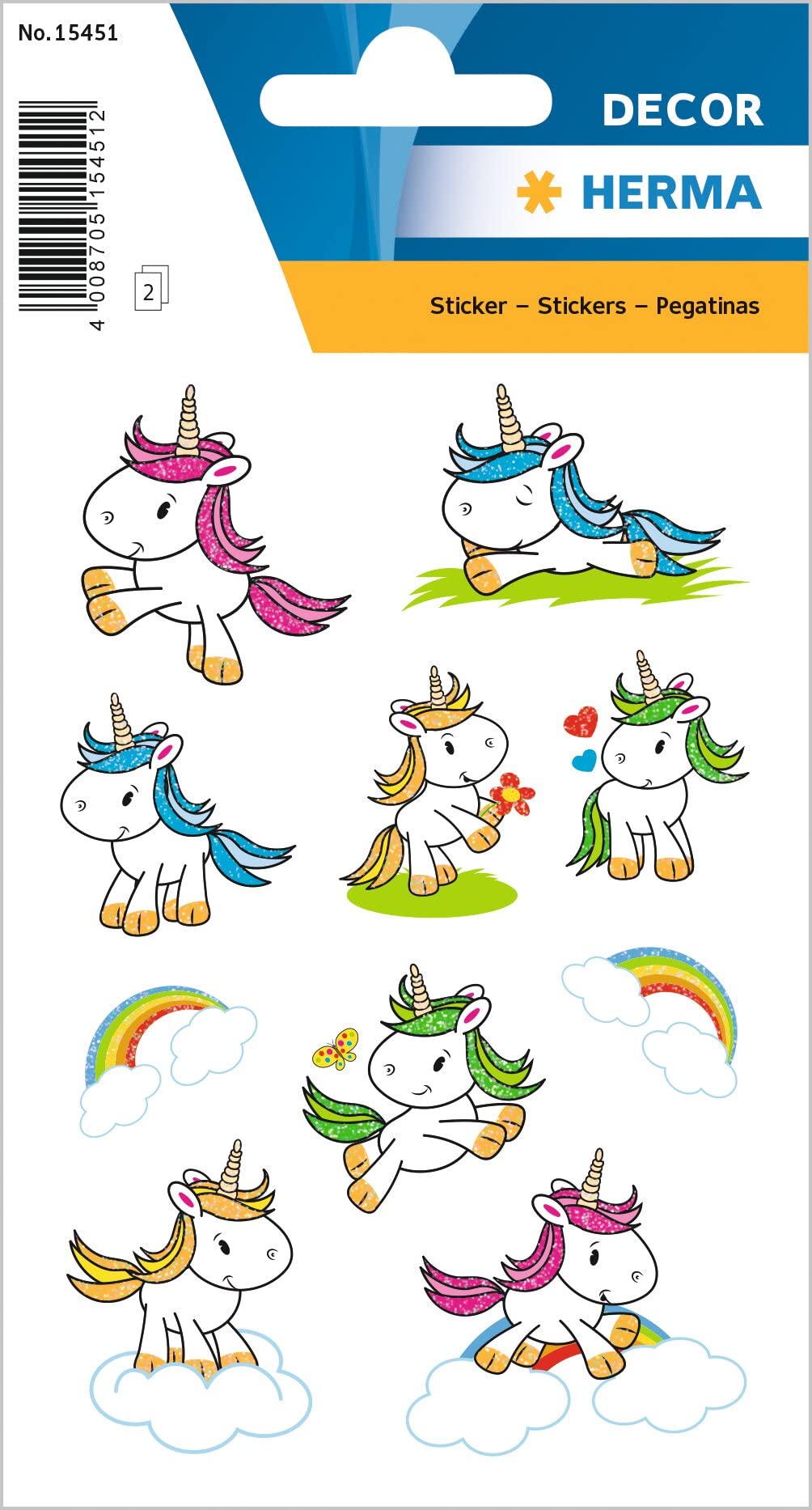 HERMA 15451 Funny Animals Stickers for Children, Baby Unicorn (20 Stickers, Paper, Glitter) Self-Adhesive, Permanent Adhesive Motif Labels for Girls and Boys, Colourful