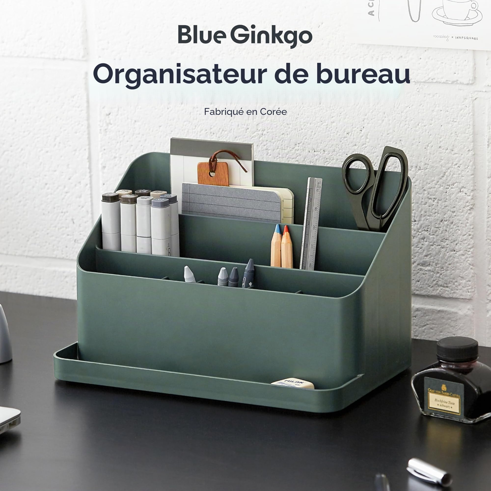 BLUE GINKGO Organisateur de Bureau – Rangement Fabriqué en Corée pour Stylos, Notes, Courrier et Fournitures de Bureau (Vert)