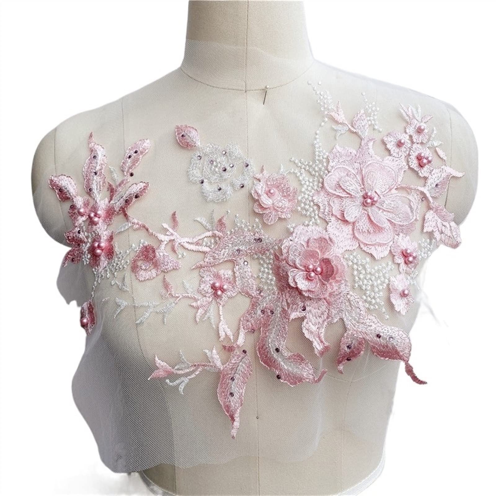 Appliques fleurs 3D en dentelle fine avec perles brodées pour finitions de robe