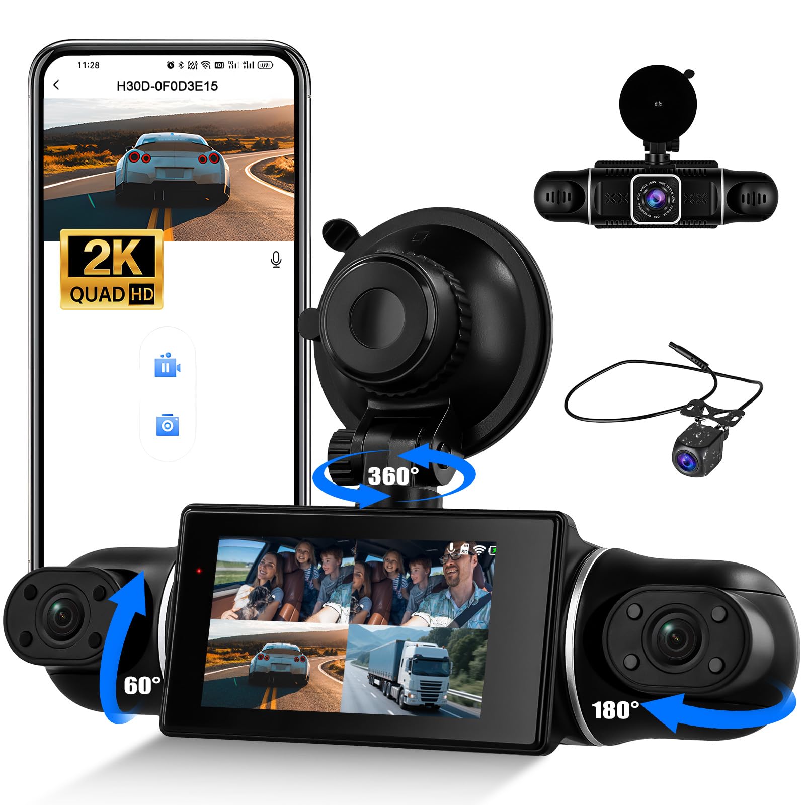 Dashcam Voiture 4 Canaux 360° avec WiFi, 2K+3*1080P Avant Arrière Droite, Autocaméra avec Vision Nocturne, Surveillance du Stationnement, G-Sensor, Enregistrement en Boucle, APP, Aide au recul