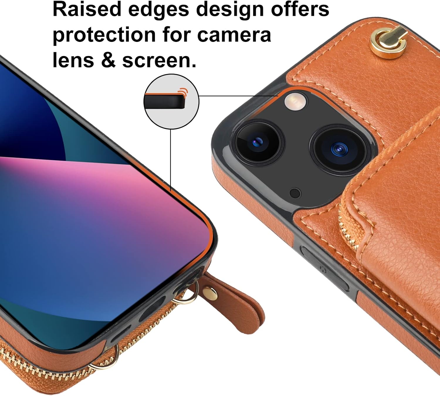 Bocasal Crossbody Wallet Case for iPhone 14 iPhone 13, RFID Blocking Leather Purse Case with Card Holder, Protective Handbag Flip Cover with Zipper Wrist Strap Lanyard for Women 5G 6.1 Inch (Brown)