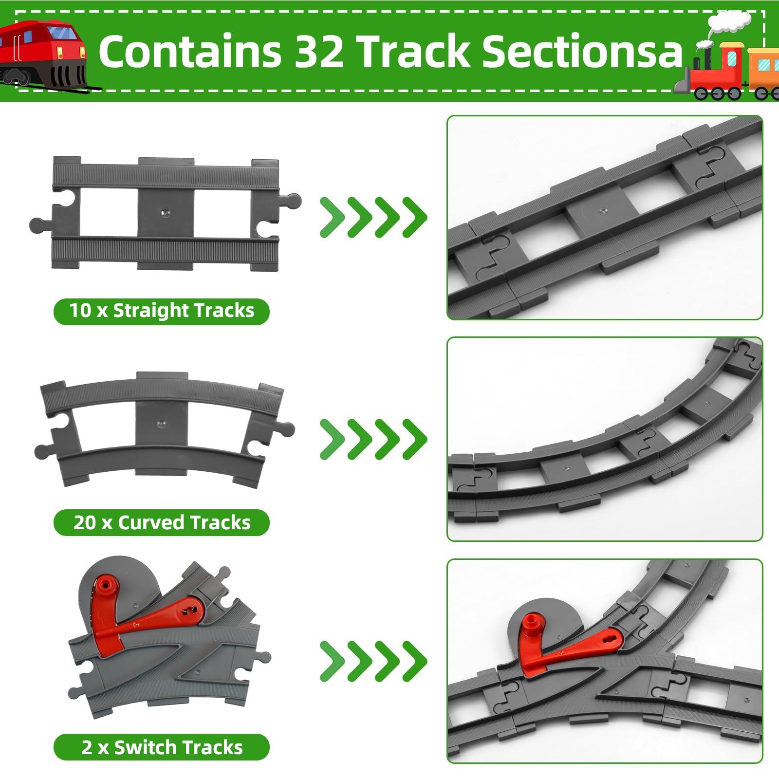 City Set di Binari, 32 Pezzi Treno Binari ferroviari giocattolo,Comprendere 10 Binari Dritti, 20 Binari Curvi, 2 Cambio Ferroviario,City Binari Idee Regalo per Ragazzi, Ragazze e Bambini