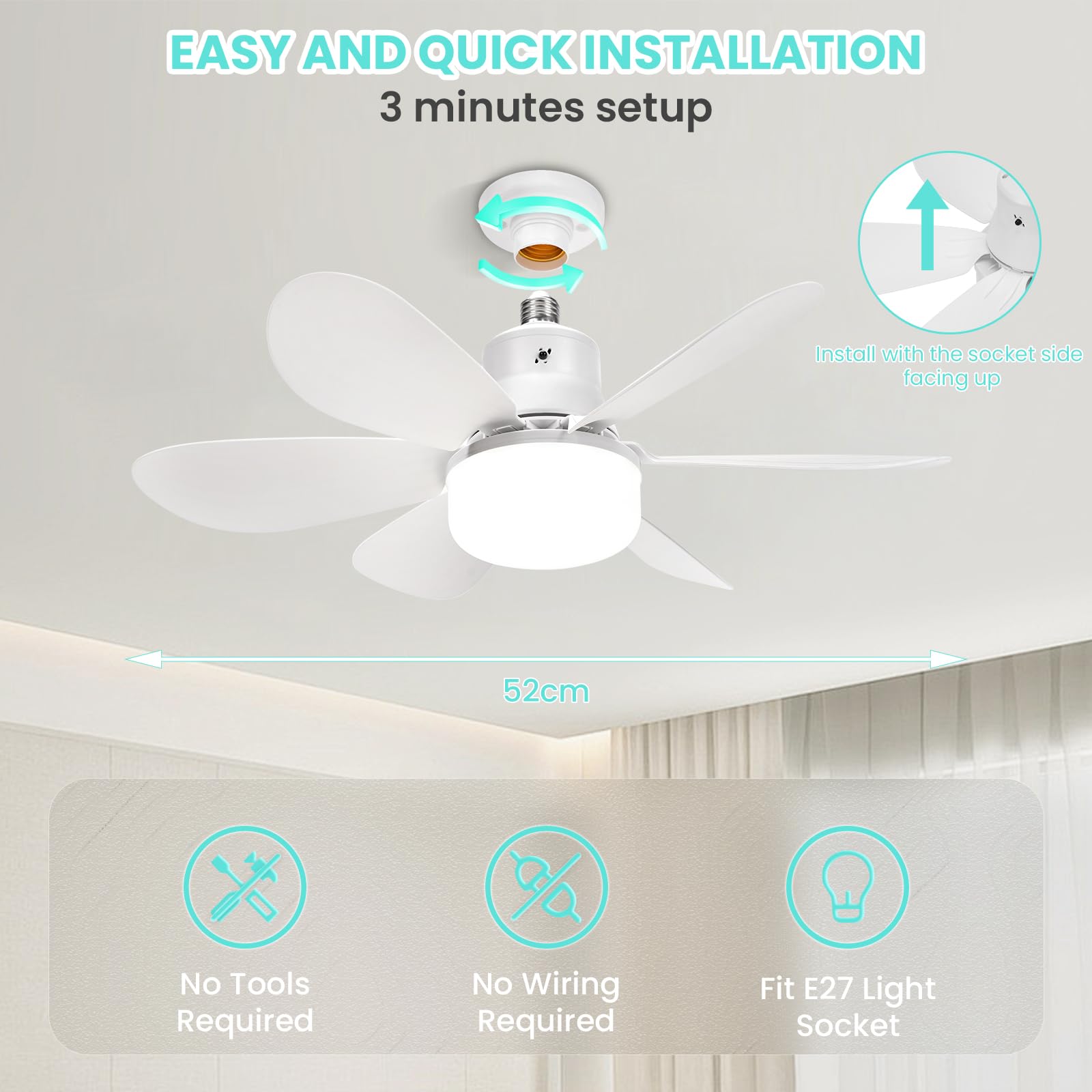 BomKra Deckenventilator mit Beleuchtung und Fernbedienung, 30W LED, 3 Geschwindigkeiten, Dimmbar, Timer