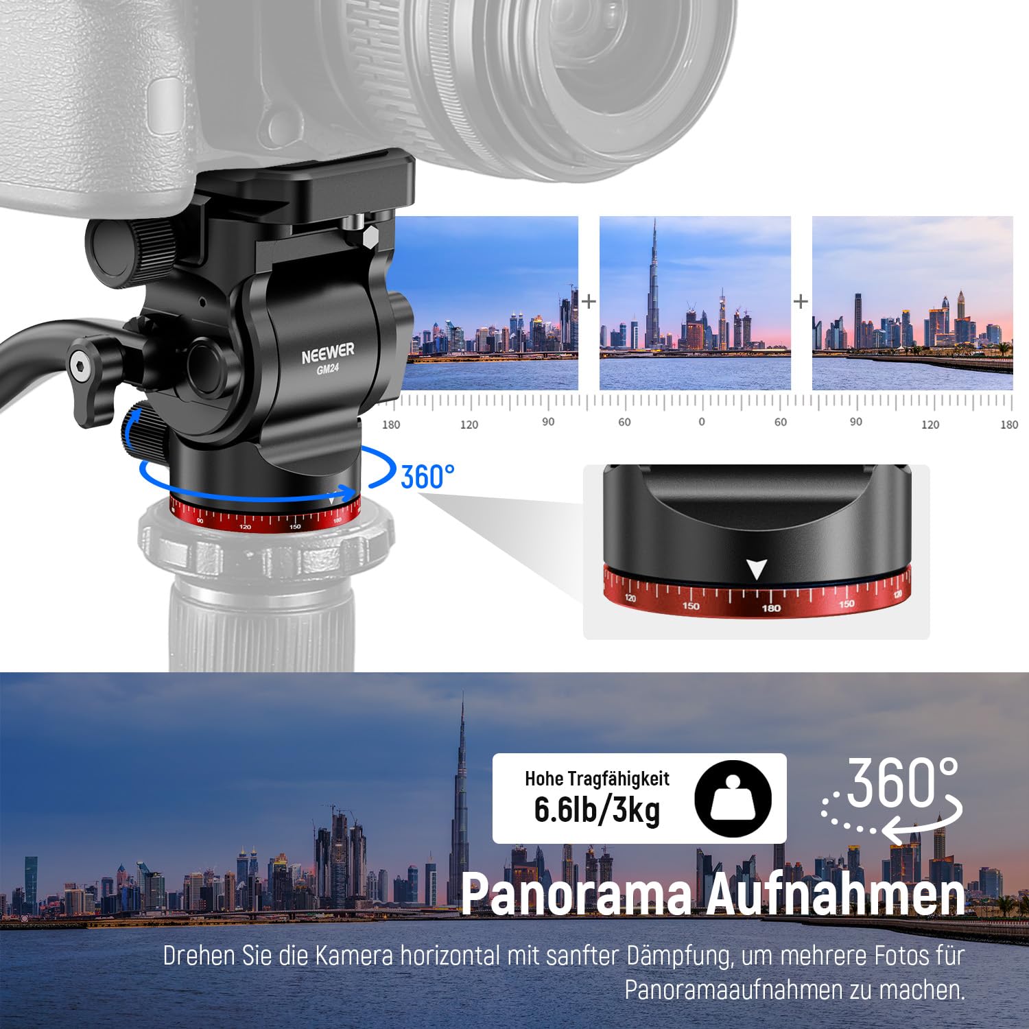 NEEWER Stativ Fluidkopf Pan Tilt Head mit Schnellwechselplatte und Griff, Metall Kamera Stativkopf kompatibel mit Arca Swiss für kompakt Videokameras DSLR Kameras, Belastbar bis zu 3kg,GM24(Rot)