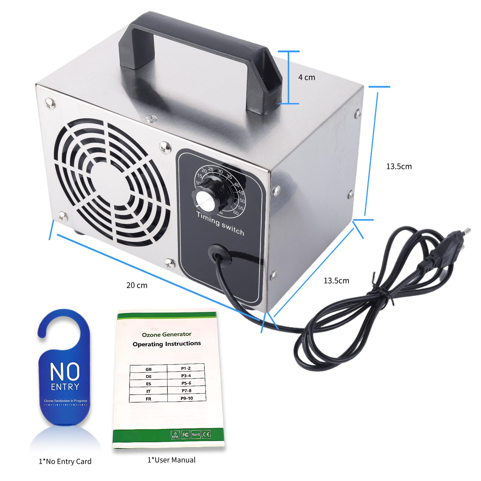 Generatore di Ozono 40000mg/h, Ozonizzatore Portatile per Casa e Auto, Ozonizzatore Industriale 300㎡ per Odori di Animali Domestici Cucina Hotel Uffici Garage Azienda Agricola Timer da 60 Min