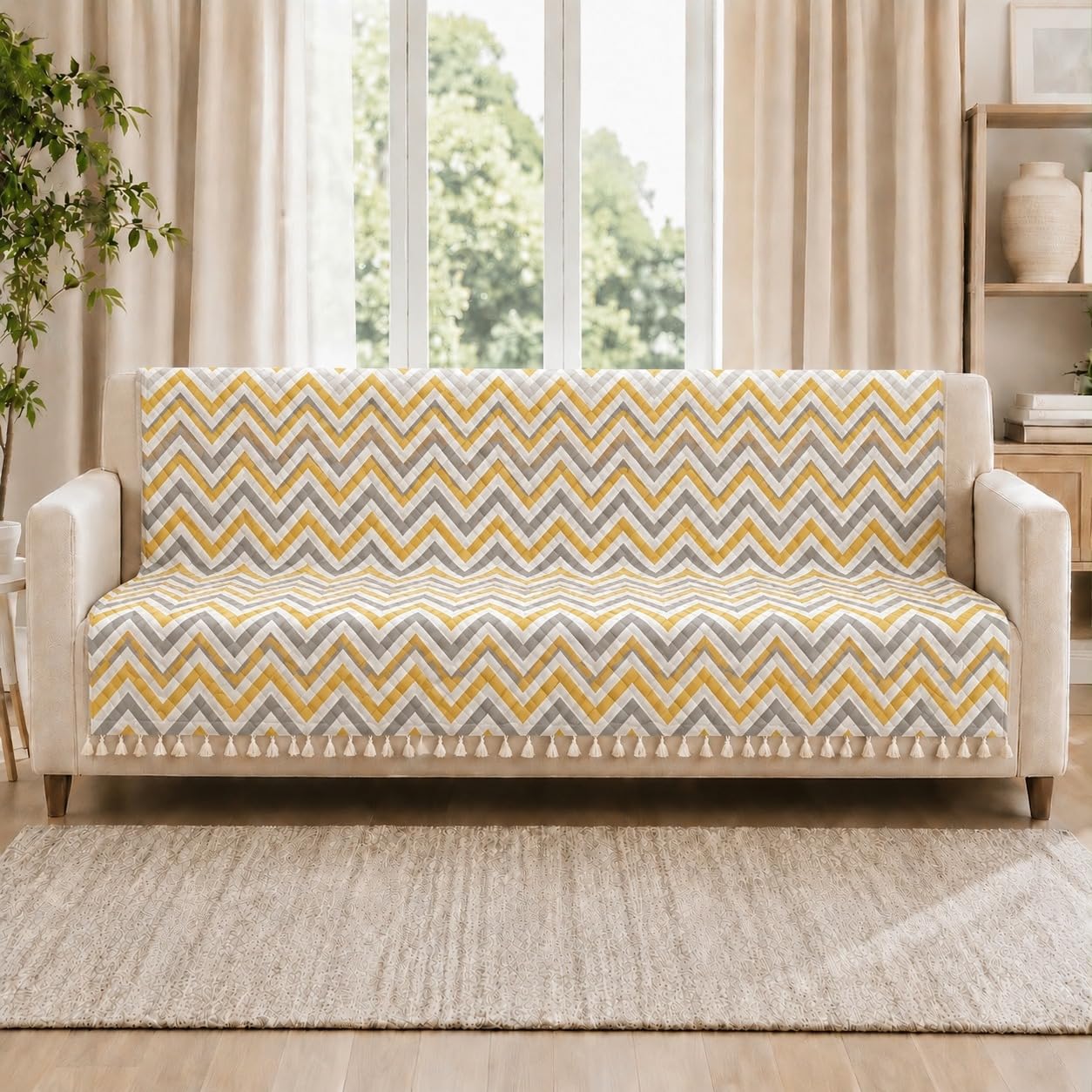Velvet Sofa Cover - 4 Seater, Yellow Zigzag -1 Velvet Sofa Cover - 4 Seater, Yellow Zigzag -1
