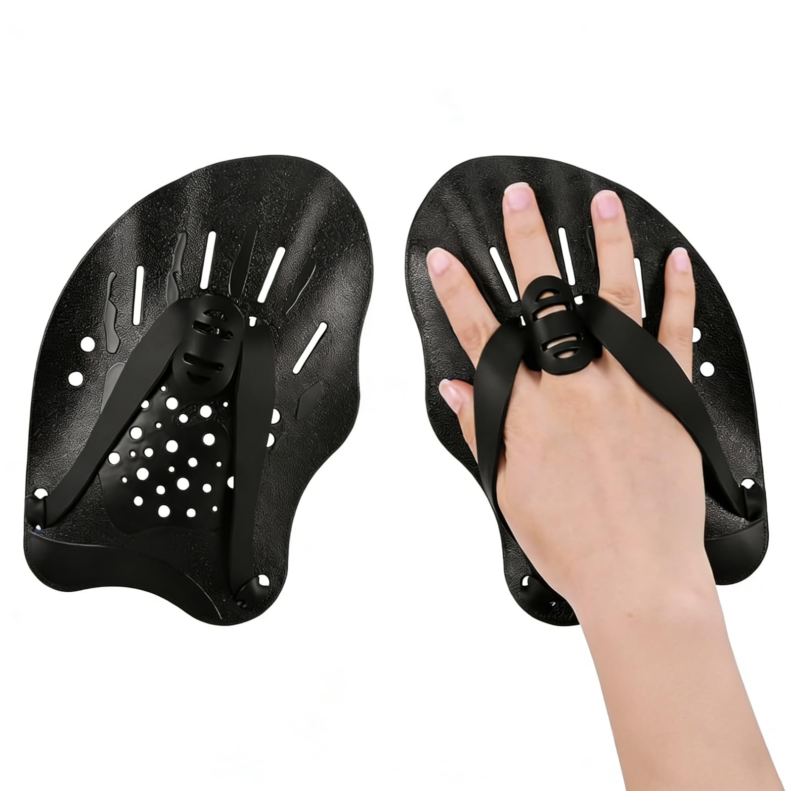 1 paio di pagaie a mano per nuoto, pagaia con cinghie regolabili, pagaia a mano per nuoto piscina, strumento per l'allenamento della forza per adulti unisex (nero)