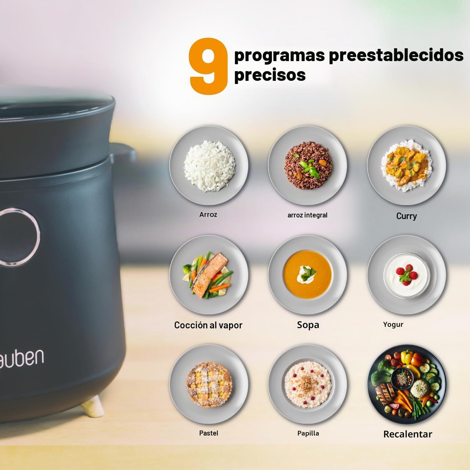 Lauben Multifunction Rice Cooker 1500BW, arrocera multifunción, 350 W, 1,5 l, pantalla digital, 9 programas, revestimiento antiadherente, conservación de temperatura, retardo