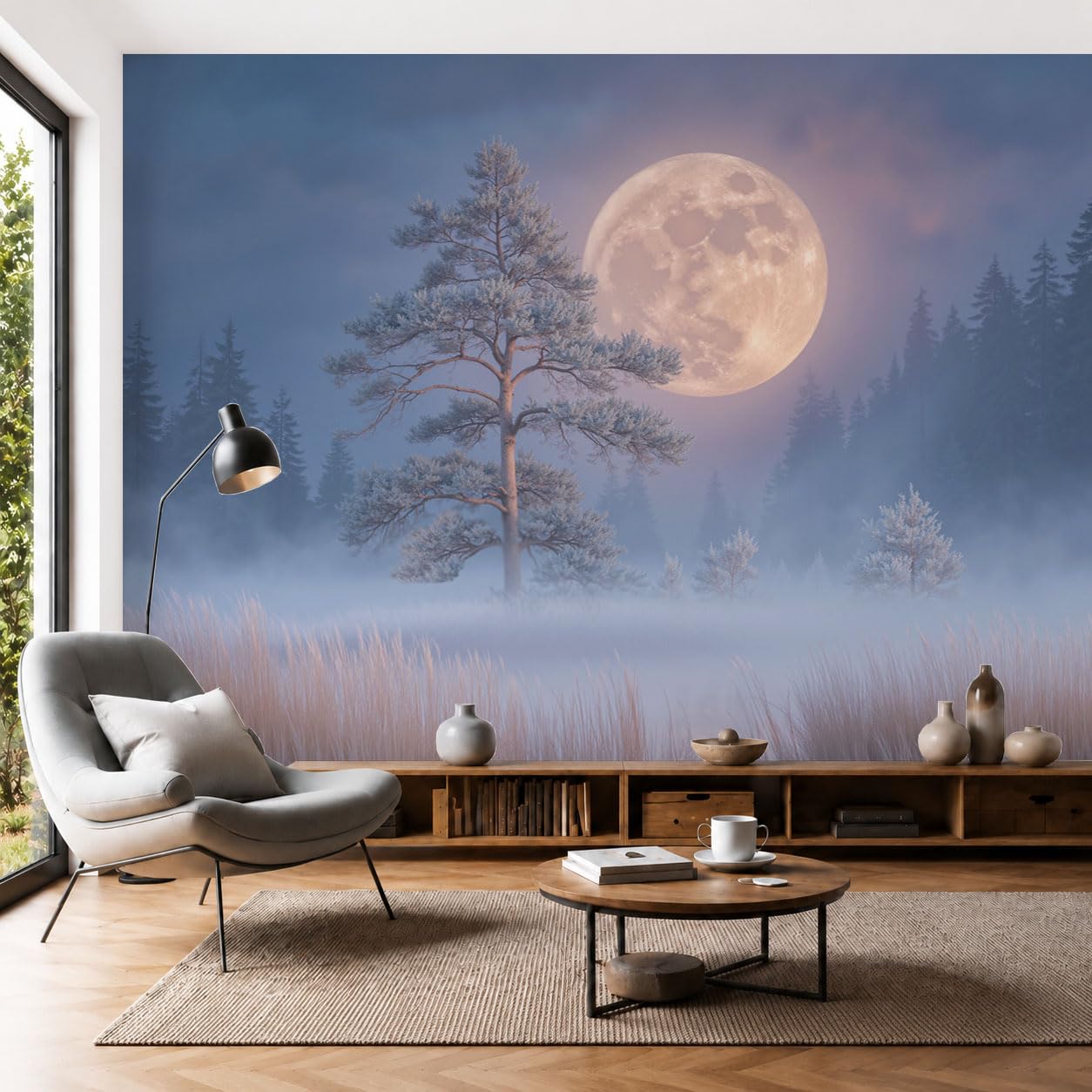 Papier peint panoramique salon et chambre paysage de pins brumeux au clair de lune