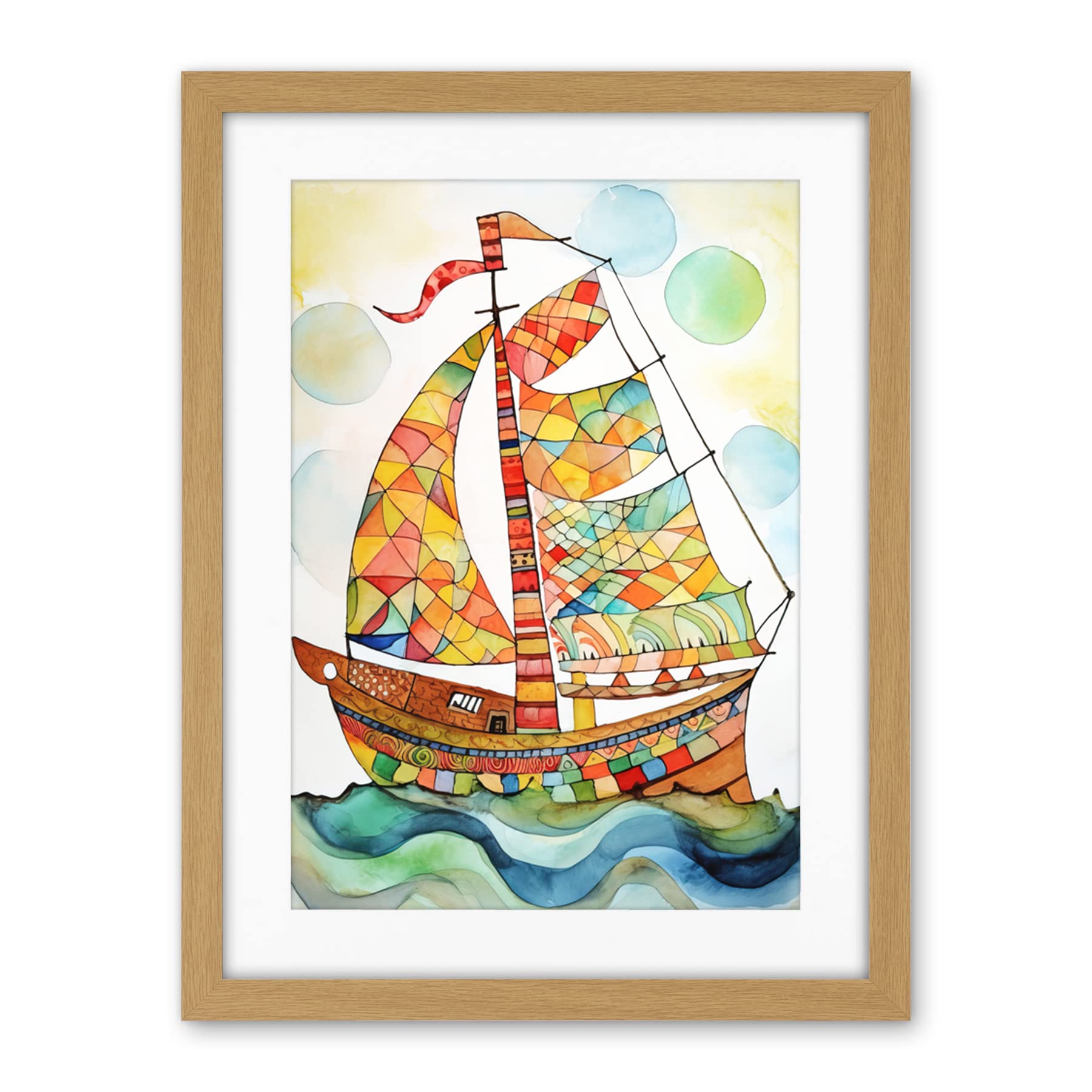 Artery8 Sailing Ship At Sunrise Folk Art Artwork Framed Wall Art Print 18X24 Inch