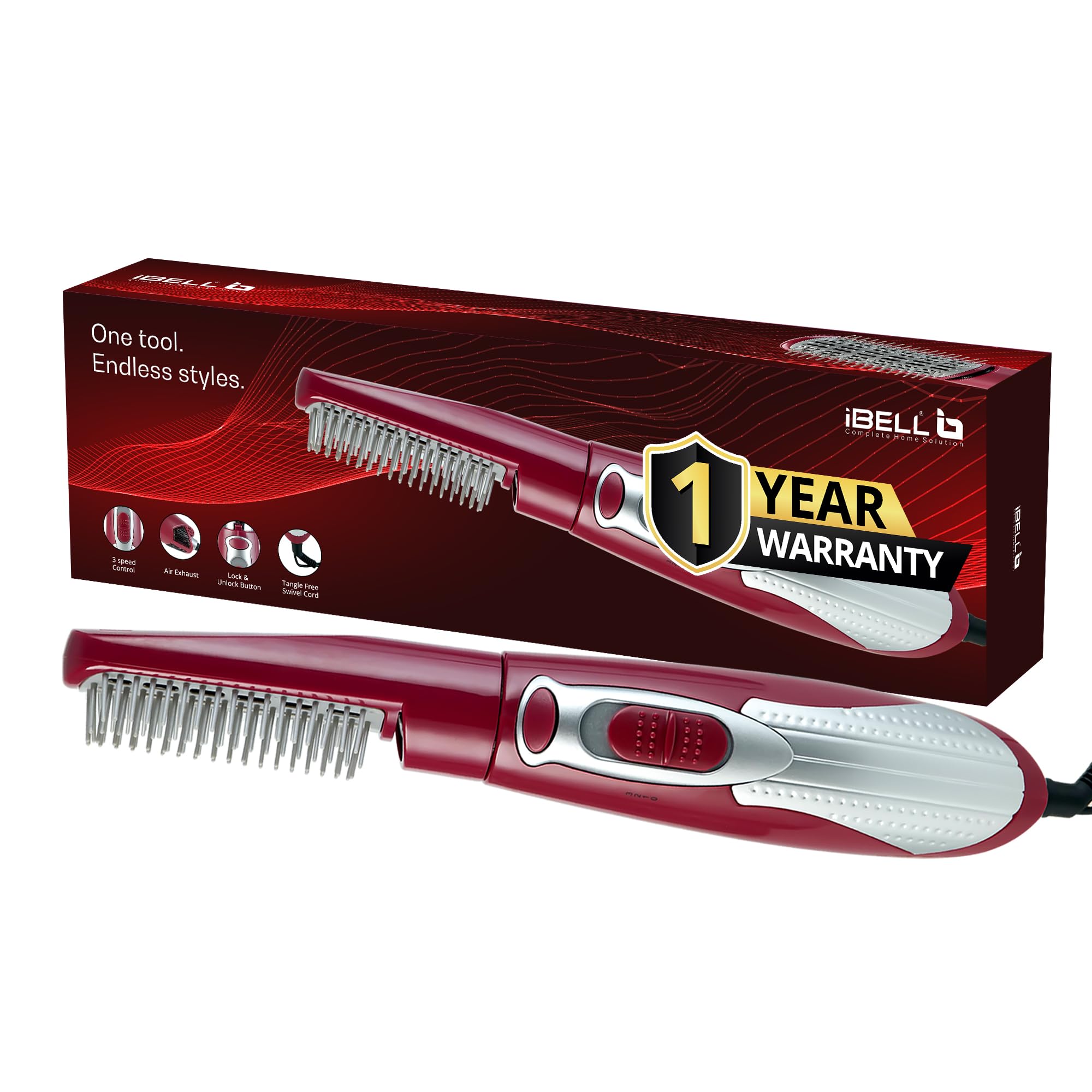 IBELL Hair Straightening Brush for Women | 3-in-1 Hot Air Brush for Styling, Drying & Straightening | Ceramic Bristles, 3 Speed Settings, Smooth Salon Finish | Ideal for Everyday Hair Care, 1-Year Warranty