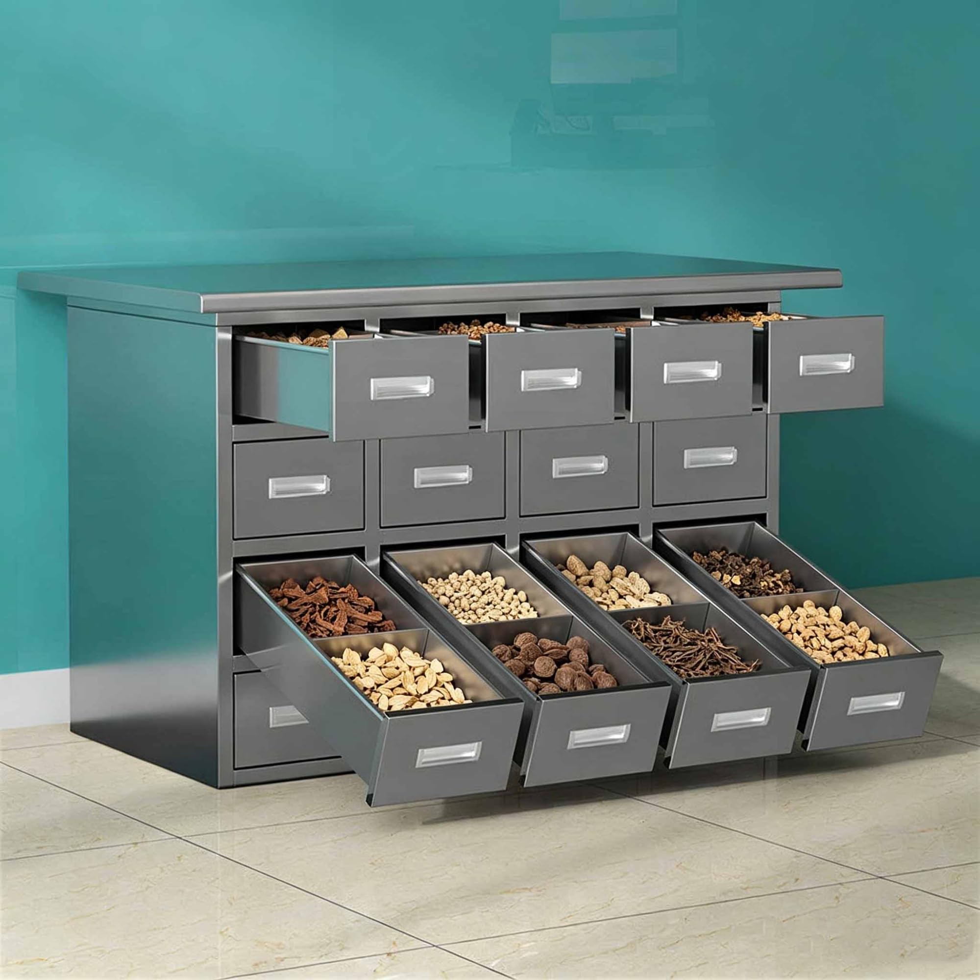 16- Drawer Apothecary Cabinet, Library Card Catalog Curio Cabinet, Chests Herb Storage Box with Wheels, Aluminum Alloy Handle, Suitable for Pharmacies, Office, Home(Sliver, Stainless Steel)