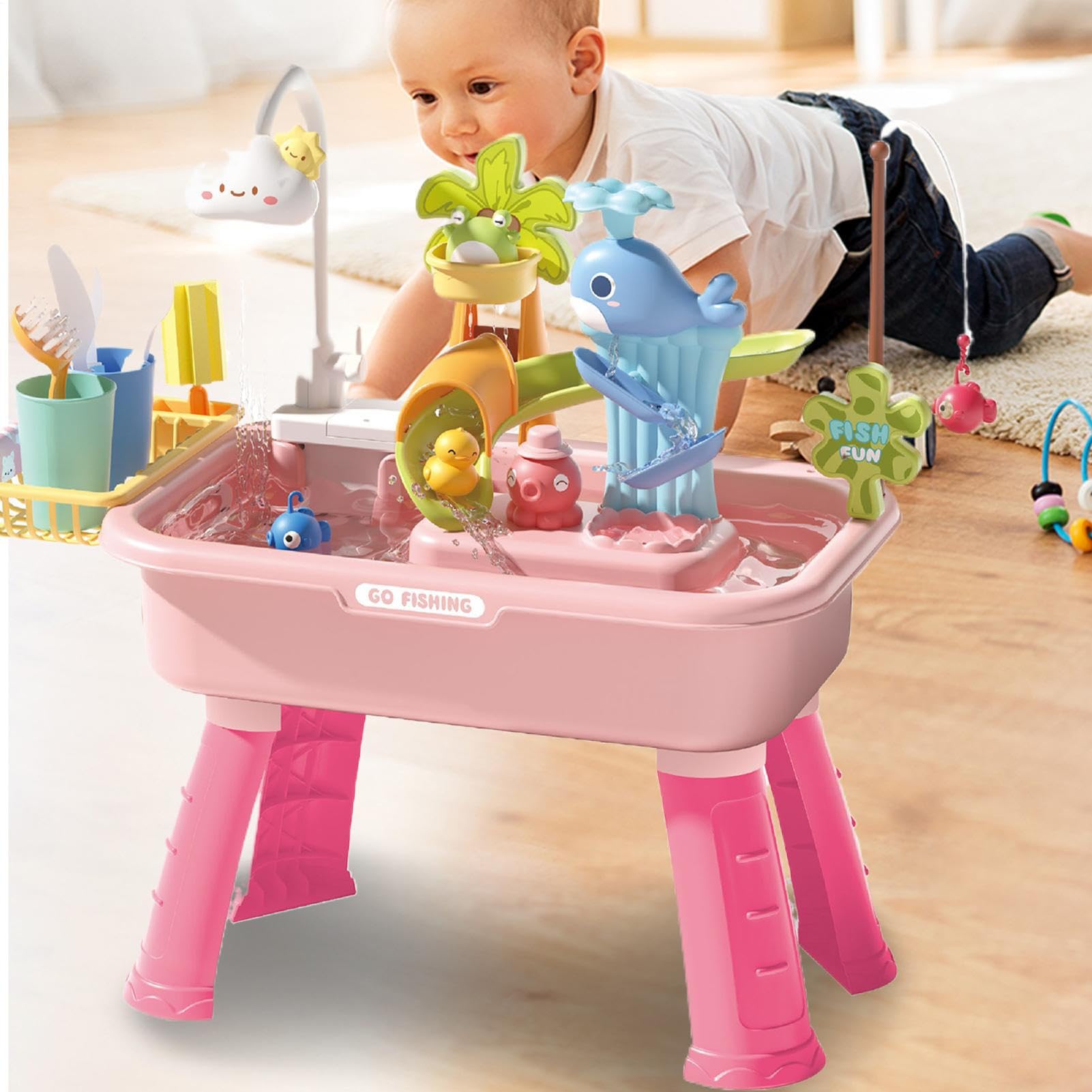 Wasserspiel Tisch für Kinder Sand und Wasser Spielzeug Set | 4 in 1 Waschbecken mit elektrischem Wasserhahn Lernspielzeug Rollenspiel für Mädchen Park Pool Kindergarten Garten