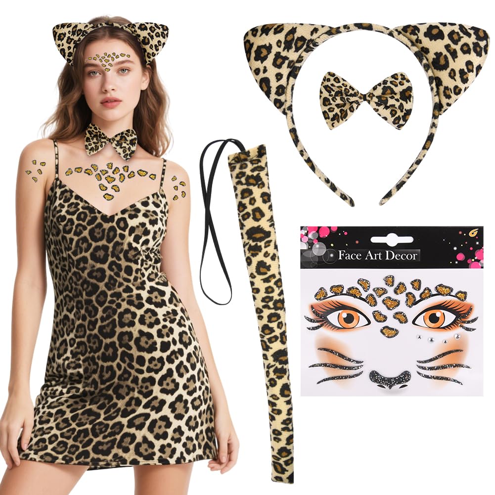 Alaoo 4 Pcs Cosplay head Set. Contains Plush Ears, Tail, Bow Tie and Tattoo Stickers, Leopard