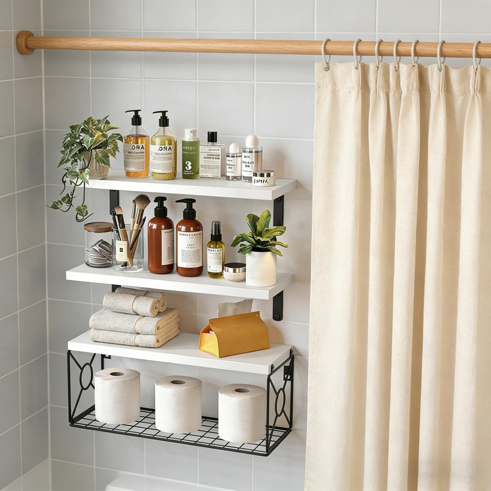 Mensole sospese decorative che uniscono il fascino rustico per una conservazione efficiente in soggiorno o bagno