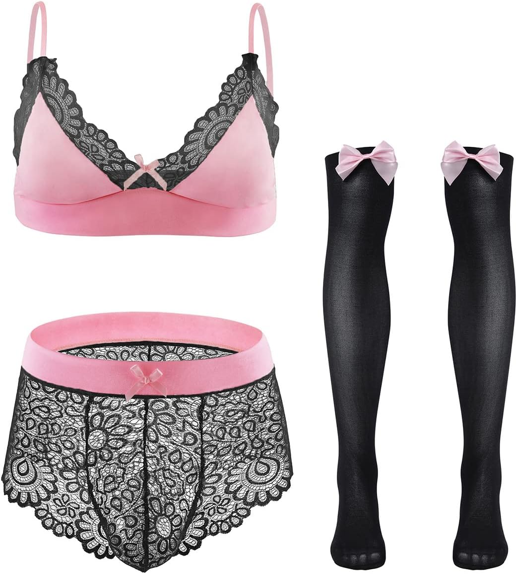 Men Sissy Underwear Floral Lace Bra Bikini Panties Bowknot Stockings 3 Piece Nightwear Sleepwear set